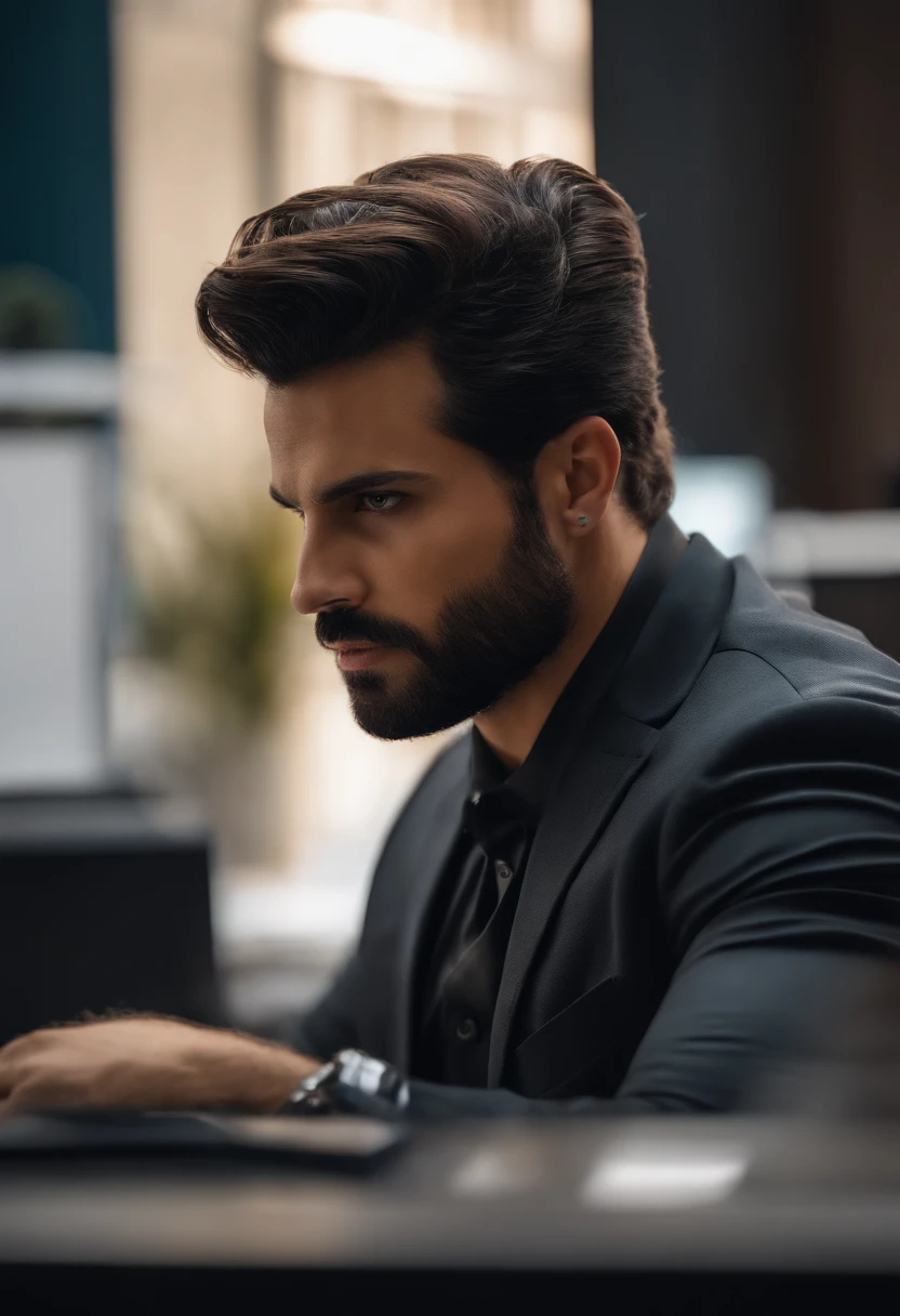 Homem,forte,cabelo grisalo,olhar sedutor,(terno preto ajustado),(office background),8k,realista