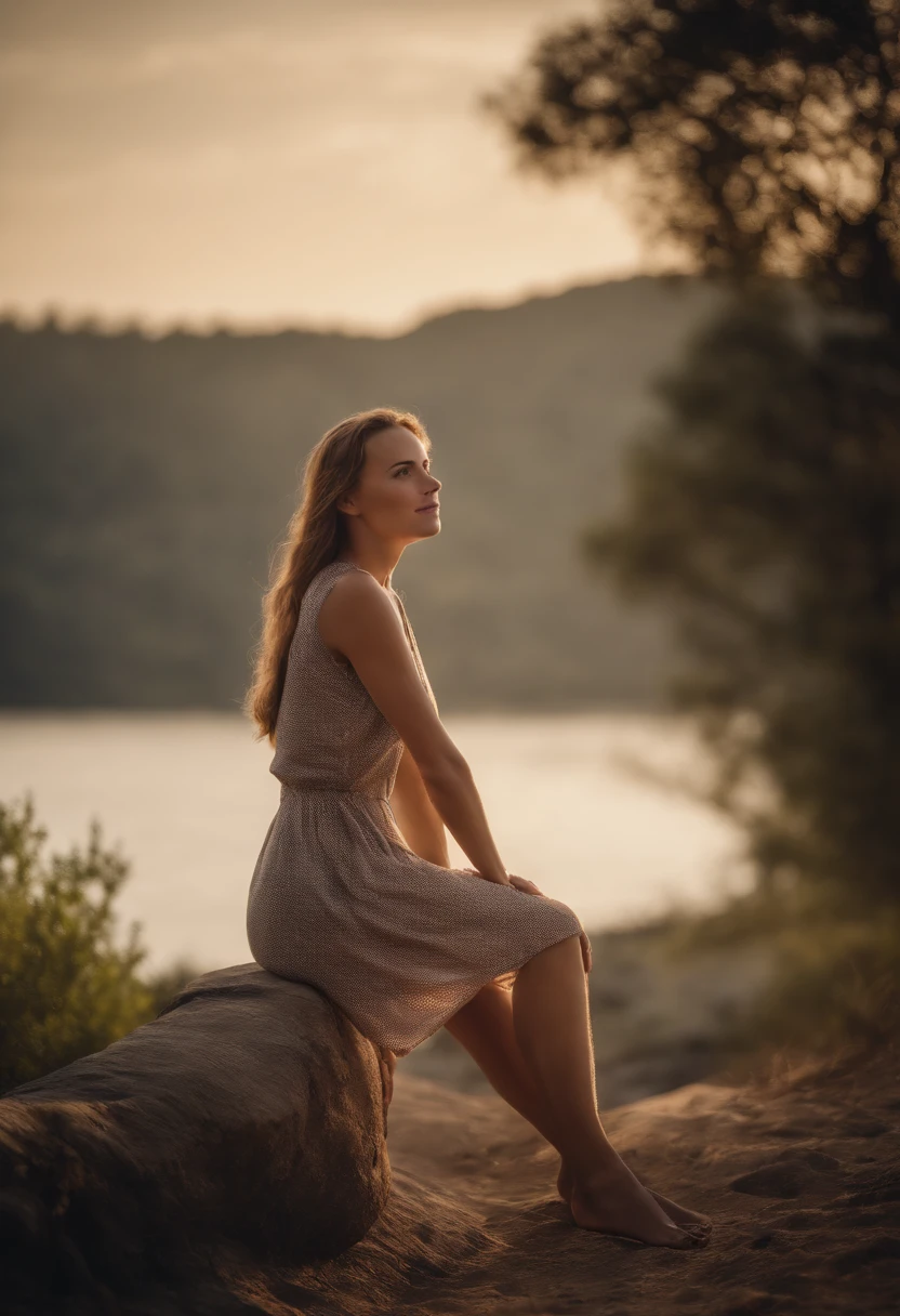 Portrait of a young woman looking at the horizon with a look of relief and a light smile on her face, She has one of the prosthetic legs