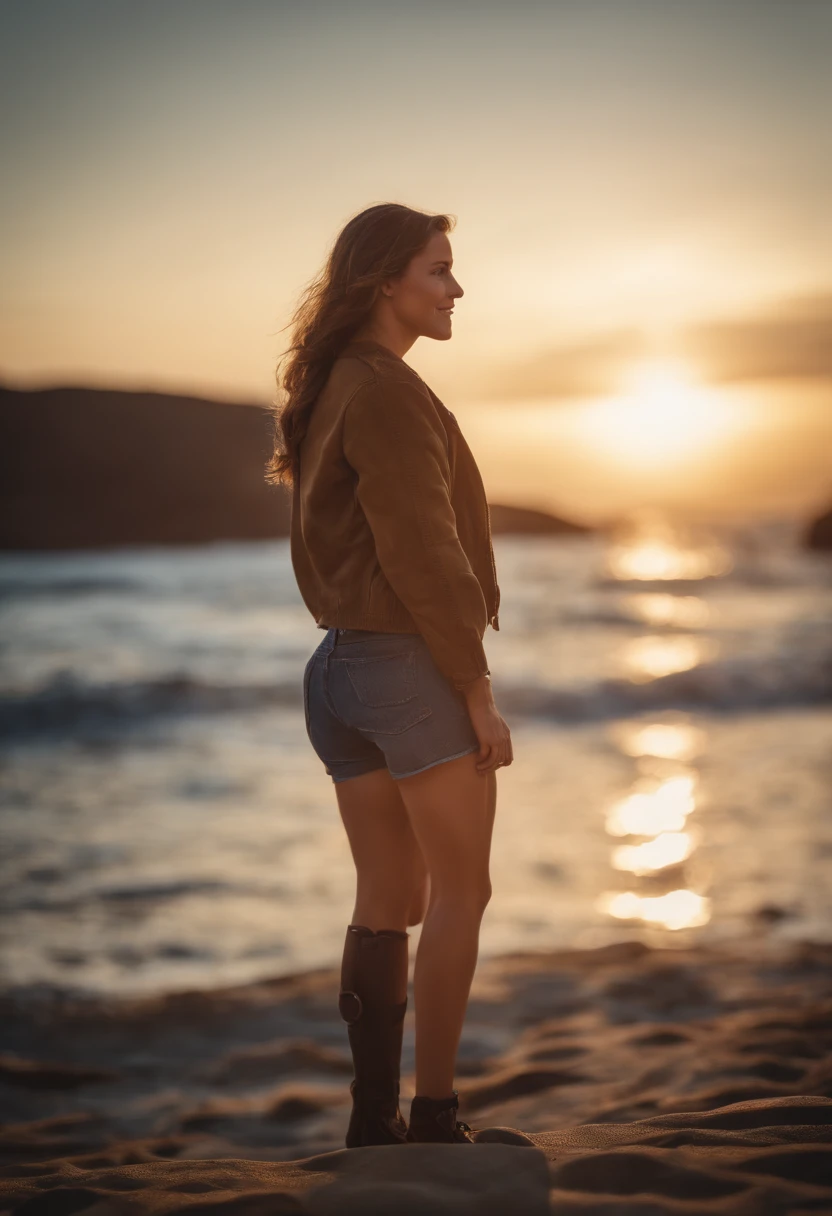 Portrait of a young woman looking at the horizon with a look of relief and a light smile on her face, She has one of the prosthetic legs