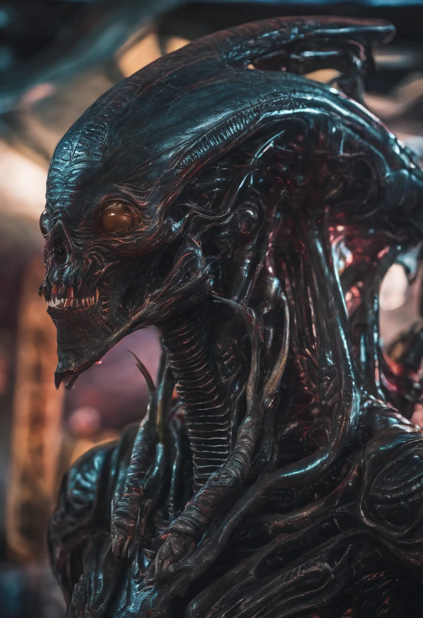 "Create a hyperrealistic image of a menacing alien inspired by the design from the movie Battleship. The alien has a muscular, armored body, with sharp, angular features. Its face is contorted in an aggressive snarl, showing off its sharp teeth and piercing, glowing eyes. The skin is textured and metallic, with intricate patterns and battle scars that highlight its warlike nature. The overall expression is one of hostility and intensity, capturing the alien in a moment of fierce rage."