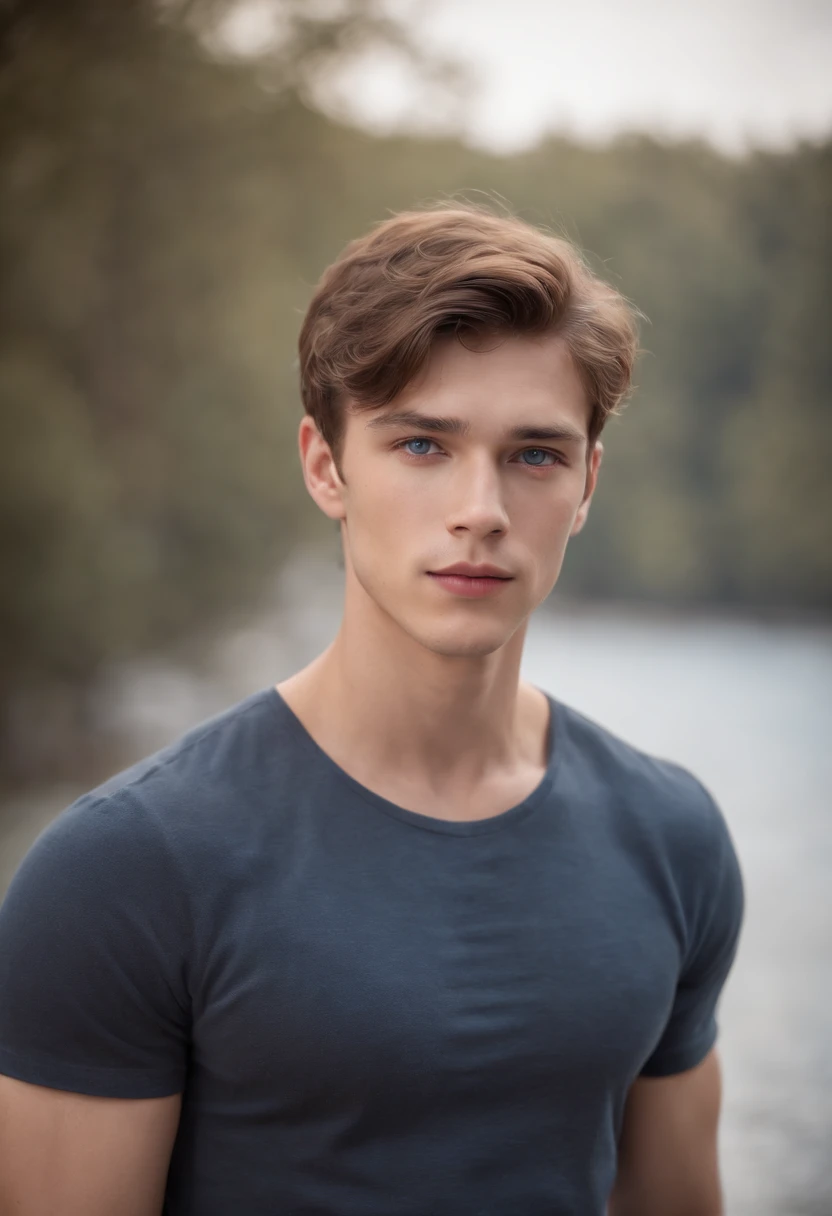 Best quality, Masterpiece, (Photorealistic:1.4), portrait of a handsome male model, 18 years old, shirtless, barechest, without beard, with short hair wavy hair, blue eyes, thick lips, defined muscles, fit, ripped body, medium shot, ultra highest detailed face