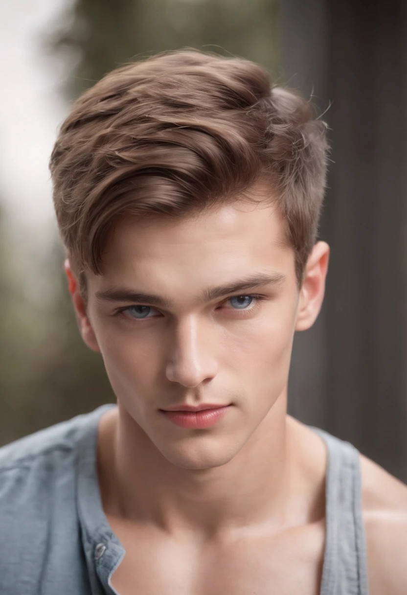 Best quality, Masterpiece, (Photorealistic:1.4), portrait of a handsome male model, 18 years old, shirtless, barechest, without beard, with short hair wavy hair, blue eyes, thick lips, defined muscles, fit, ripped body, medium shot, ultra highest detailed face