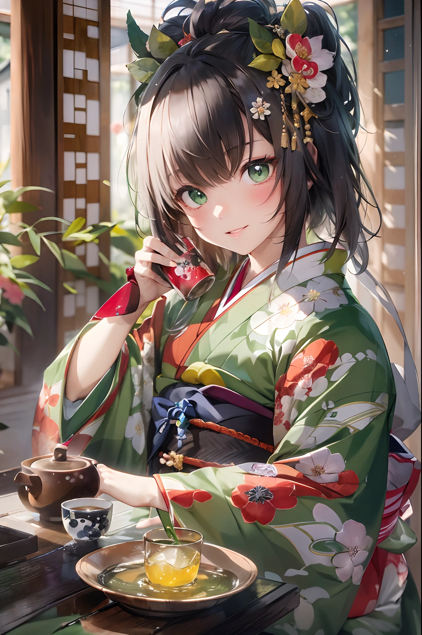 (tmasterpiece、top-quality、in 8K、32K、masterpiece、nffsw、超A high resolution、Impresionismo、Photorealsitic:1.2)、cowboy shot、foco nítido、detailed faces and eyes、Evening glow、beauitful face、blurry backround、20-year-old beauty、shinny skin、Sharp pupils、Realistic pupils、Full body, beauitful face、blurry backround、shinny skin、short-hair、poneyTail、Floral hair ornament、Black and beautiful hair、Red Eyes、(Traditional Japanese-style room in Japan、Kimono、Drink green tea:1.3)、Curve、A slight smil、sitting on