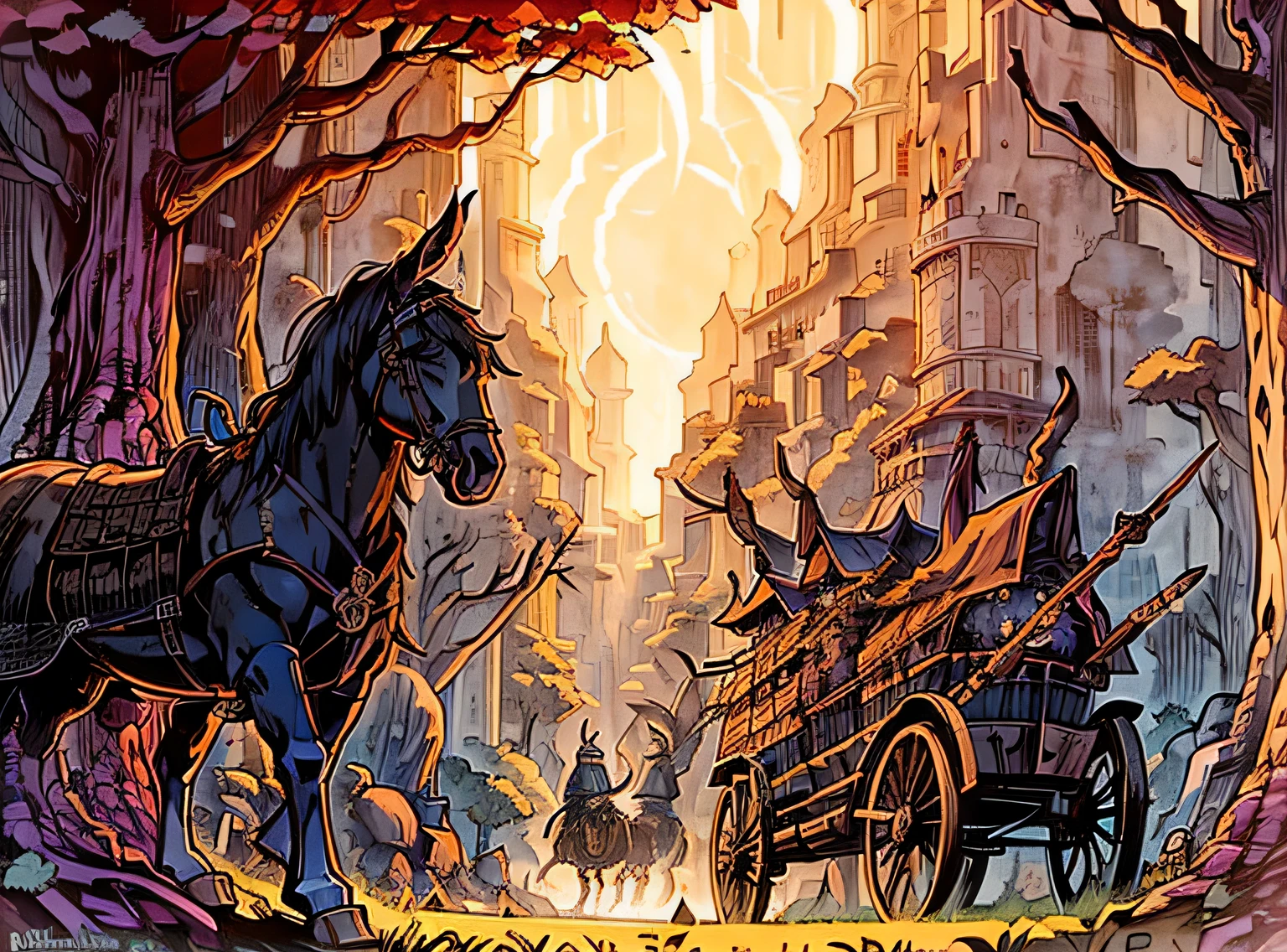 rpg, (a medieval wagon with two mules on the front), travelling through a magic forest, vapor, dark, beautiful art, (no humans)