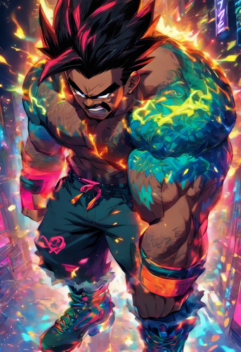 cena de corpo inteiro de um homem maduro, peludo, barbudo e musculoso, sem camisa, repleto de tatuagens, piercings no corpo, cores neon, riso malvado, cabelo neom, sem camisa, wearing tight shorts and boots on his feet. Bara Manga style art