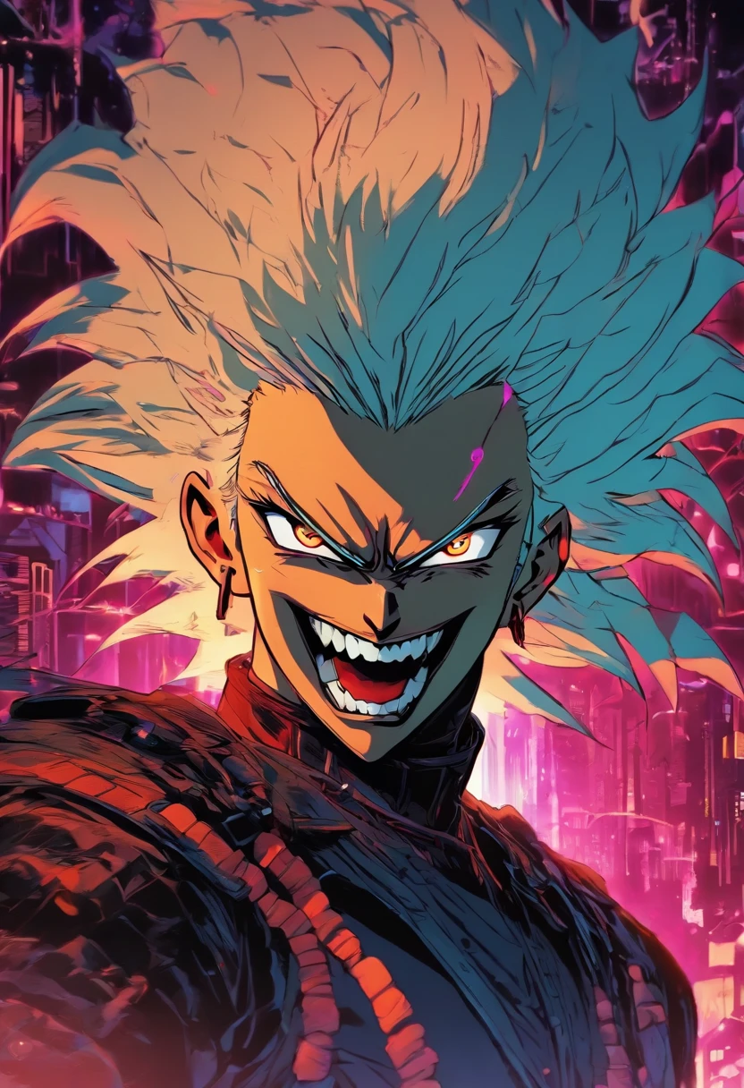 midshot, (cel-shading style:1.3), centered image, ultra detailed illustration of female white hair with lots of cyber ware and vampire fangs, posing, (tetradic colors), cyberpunk, (ink lines:1.1), strong outlines, art by MSchiffer, bold traces, unframed, high contrast, (cel-shaded:1.1), vector, 32k resolution, best quality, flat colors, flat lights