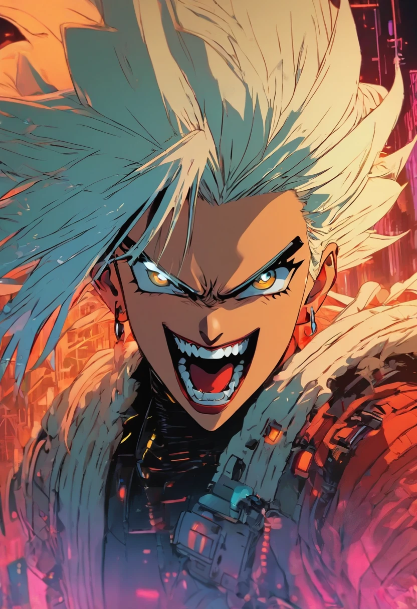 midshot, (cel-shading style:1.3), centered image, ultra detailed illustration of  female white hair with lots of cyber ware and vampire fangs, posing, (tetradic colors), cyberpunk, (ink lines:1.1), strong outlines, art by MSchiffer, bold traces, unframed, high contrast, (cel-shaded:1.1), vector, 32k resolution, best quality, flat colors, flat lights