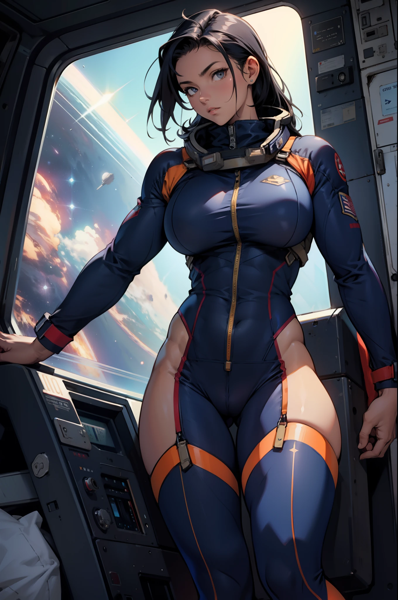 navy hair muscular large breasts thick thighs pilot suit solo looking at viewer in space