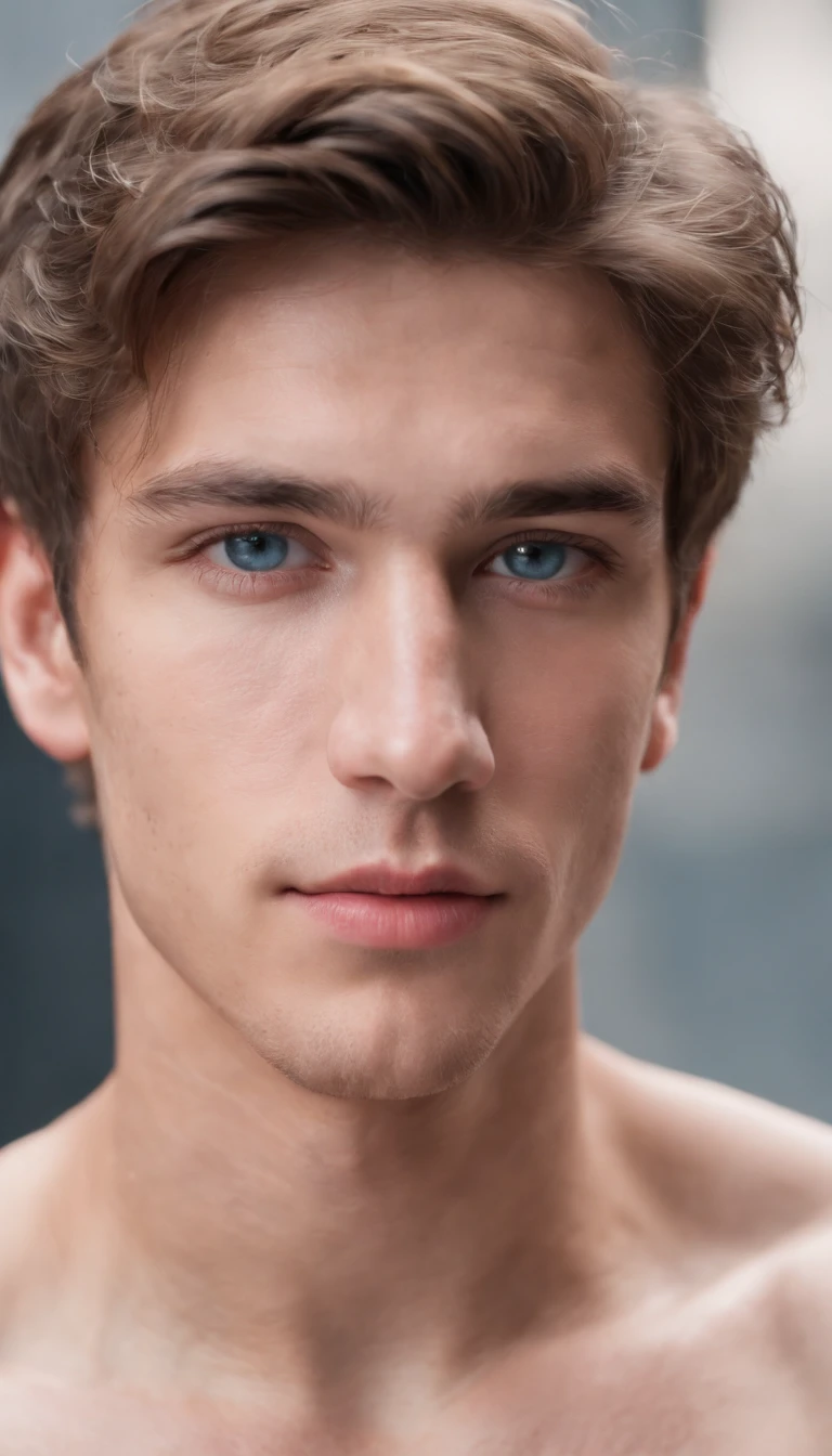 Portrait of a handsome male model, 16 years old, Shirtless, utterly naked., no beard, It has sloppy dark wavy hair., Super light blue eyes., Thick lips, Nominal muscles, fit, Torn body, mid shot, ultra highest detailed face, Darmatic lighting, dim lighting