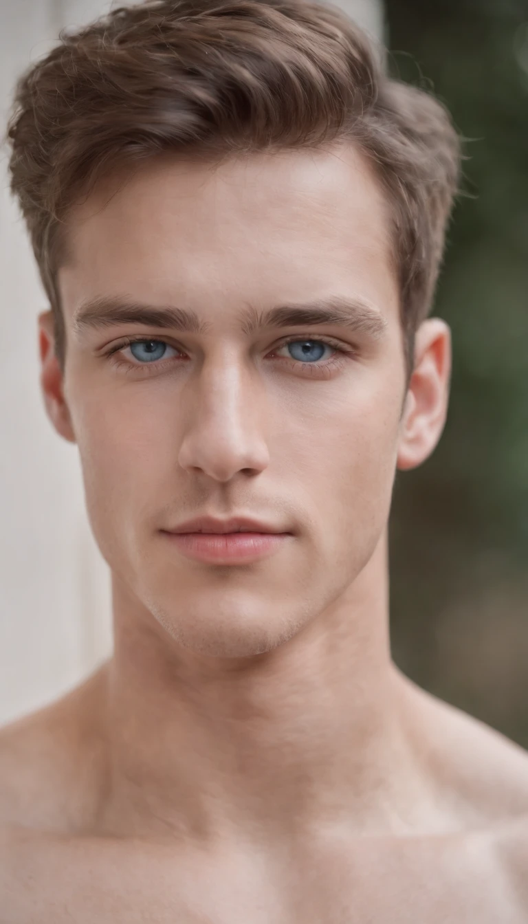portrait of a handsome male model, 18 years old, shirtless, barechest, without beard, with short wavy hair, blue eyes, thick lips, defined muscles, fit, ripped body, medium shot, ultra highest detailed face