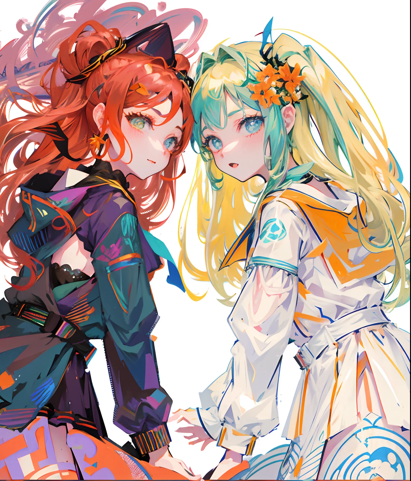 there are two women that are hugging each other, jazza and rossdraws, coloured lineart, loish, wlop, and clamp style, colored lineart, dnd fantsay art, detailed fanart, coloured line art, coloured in blueberra and orange, anime in fantasy style, fully colored, colored sketch, artgerm and lois van baarle, beautiful gemini good and evil