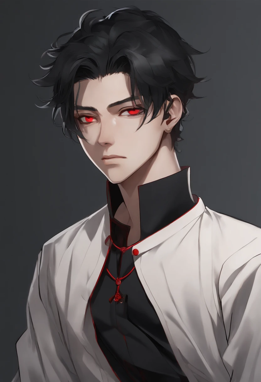 Messy short black hair Red eyes pale skin athletic body Many scars man 17 years old black clothing with buttons long sleeve style jujutsu kaisen