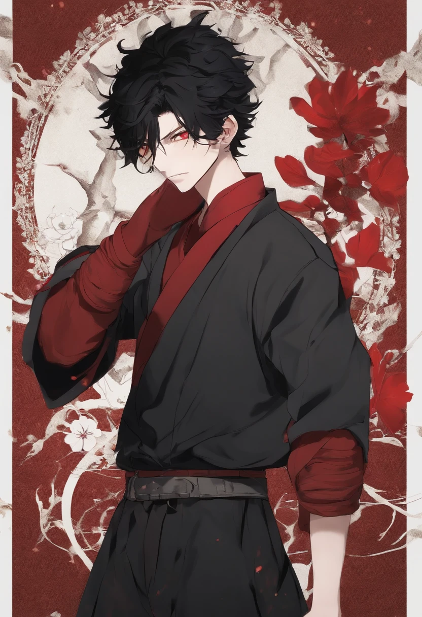Messy short black hair Red eyes pale skin athletic body Many scars man black clothing with buttons long sleeve style jujutsu kaisen