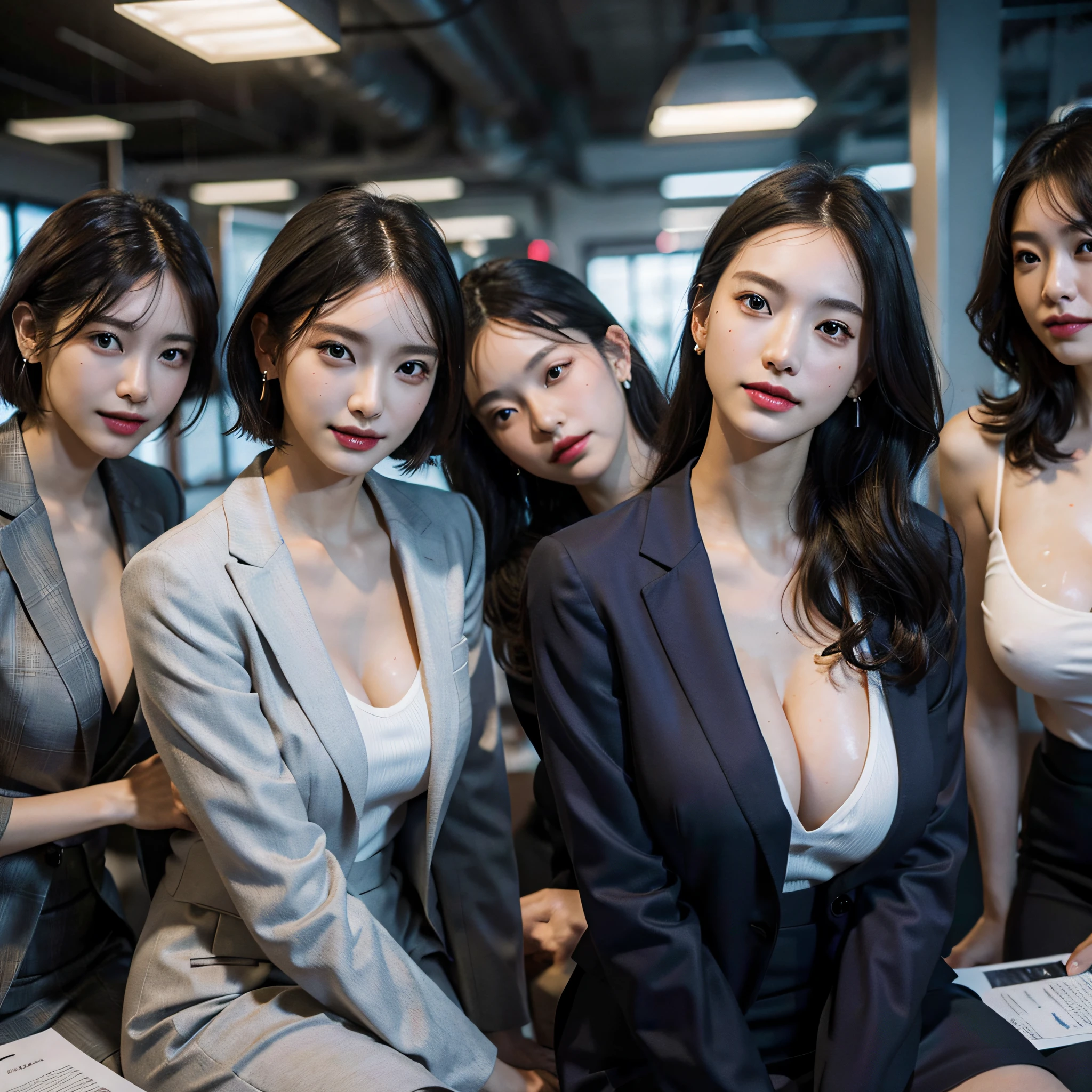 absurdres, RAW photo, extremely delicate and beautiful, masterpiece, Best Quality, ultra high resolution, 16k, hyperrealistic, ultra-detailed, Very detailed CG 8k wallpaper, Beautiful Lighting, Perfect Lightning, Realistic Shadows, perfect anatomy, super Detailed skin, perfect figure, Japanese woman, late 20s, very Slim body, narrow waist, very small head, handsome detailed woman, very detailed eyes and face, realistic face proportions, Stunning detailed eyes, Realistic beautiful face, very small face, Realistic small beautiful eyes, double eyelids, makeup, tearful mole, mole on chest, earring, bare legs, beautiful and very thin legs, beautiful and very thin thighs, (very huge round breasts:1.3), short hair, wavy hair, sweat, tight-fitting, cleavage, Fine Collarbone, (3 girls:1.5), (office lady suit:1.3), (skirt suit), (suit jacket),