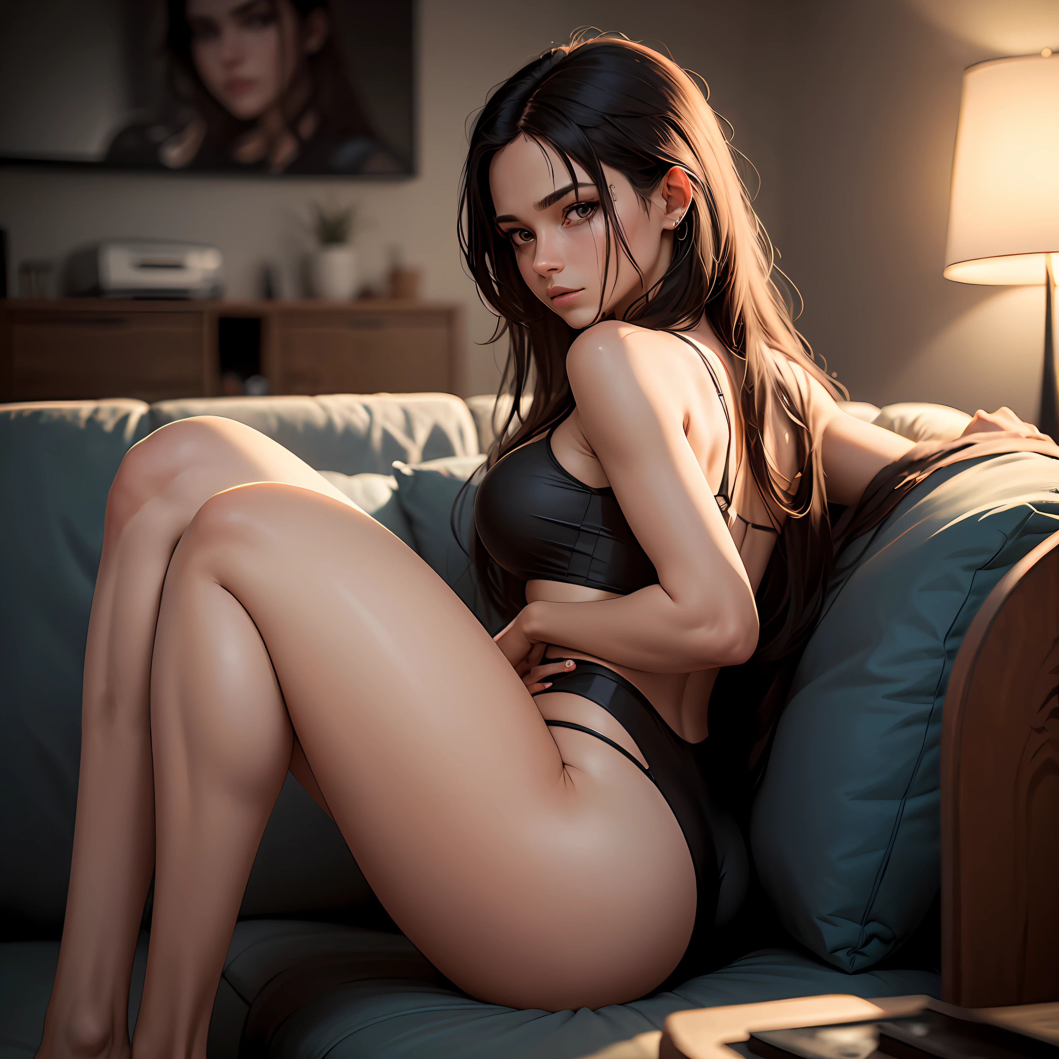 "Descreva uma IA altamente realista da personagem Quiet de Metal Gear, sitting on a black sofa, em frente a um painel de TV. Ela exala uma aura de sensualidade, combining gracefulness and mystery. His body is slender and athletic, com curvas suaves e definidas. Her skin is tanned, giving an exotic look, and his posture is elegant, with your back slightly tilted back.

Quiet is wearing a fitting and revealing costume, composed of a black top without straps, que destaca sua silhueta esbelta, e uma saia curta do mesmo tom. Her long black hair is loose, caindo em cascata por seus ombros e costas. Seus olhos, hipnotizantes e expressivos, they have a piercing glow that evidences their determined nature.

She's sitting gracefully on the black couch, suas pernas cruzadas, displaying a serene confidence. His hands rest gently on the back of the couch, com unhas bem cuidadas pintadas de uma cor chamativa.

Ahead of Quiet, o painel de TV exibe imagens vibrantes e sedutoras. As luzes suaves do ambiente destacam os detalhes sutis de seu rosto, enhancing its unique beauty.

Enquanto Quiet observa a tela, It is evident that his presence exudes an intriguing blend of mystery and power. His facial expression conveys a combination of determination and fascination, implying that she is completely immersed in what she is watching.

The combination of Quiet's subtle sensuality with the sophisticated atmosphere of the setting creates a captivating image, which invites you to explore the complex aspects of your personality and history." --auto