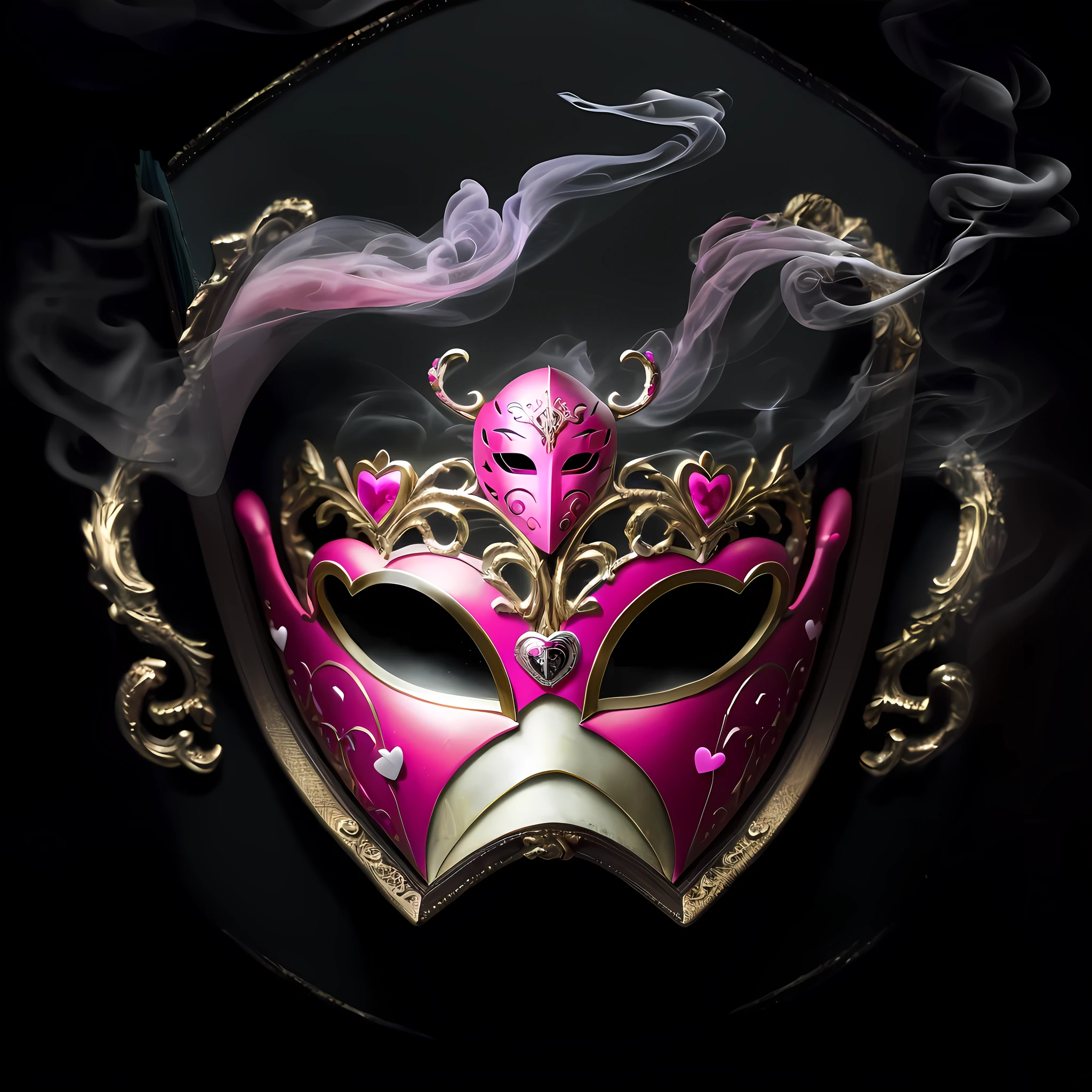 ((Masked Boy)) ((best quality, masterpiece, full HD, 4K, best sharpness, incredible graphic quality, polished image)), ((Mask in the center of the image, a pink mask with white details at the ends, mask with heart details)), ((dark setting, pink smoke in the background, people of different ethnicities looking, mask close to the viewer)), ((model image of book cover, artistic book cover, frame with floating hearts))