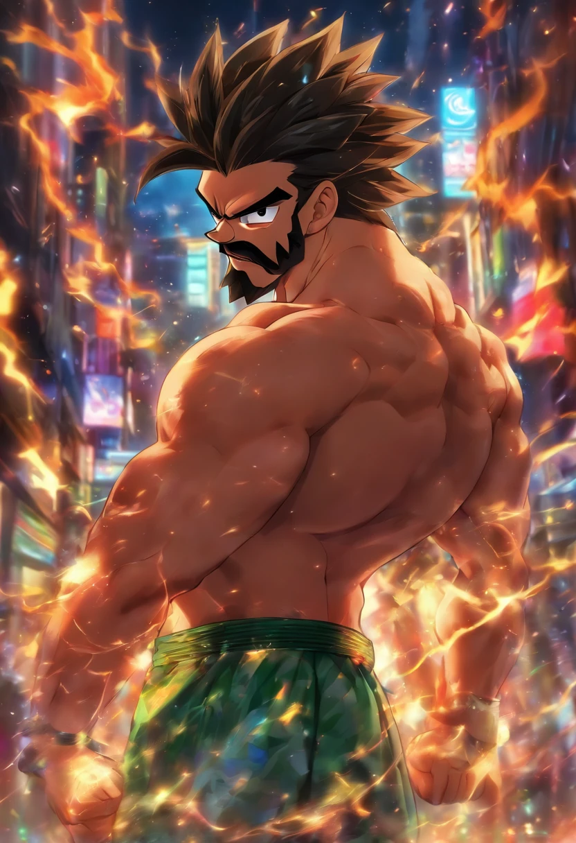cena de corpo inteiro de um homem maduro, peludo, barbudo e musculoso, usando apenas uma cueca pequena e justa, todo molhado, pintura digital realista