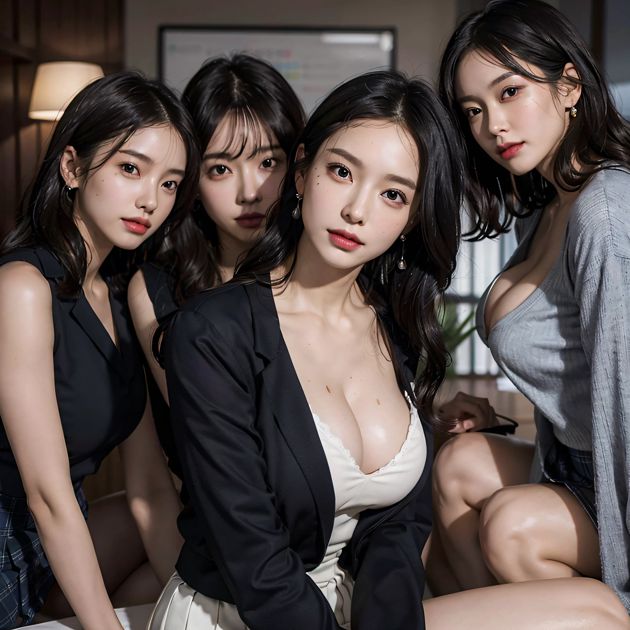 absurdres, RAW photo, extremely delicate and beautiful, masterpiece, Best Quality, ultra high resolution, 16k, hyperrealistic, ultra-detailed, Very detailed CG 8k wallpaper, Beautiful Lighting, Perfect Lightning, Realistic Shadows, perfect anatomy, super Detailed skin, perfect figure, Japanese woman, late 20s, very Slim body, narrow waist, very small head, handsome detailed woman, very detailed eyes and face, realistic face proportions, Stunning detailed eyes, Realistic beautiful face, very small face, Realistic small beautiful eyes, double eyelids, makeup, tearful mole, mole on chest, earring, bare legs, beautiful and very thin legs, beautiful and very thin thighs, (very huge round breasts:1.3), short hair, wavy hair, sweat, tight-fitting, cleavage, Fine Collarbone, (3 girls:1.5), (office lady suit:1.3), (skirt suit), (suit jacket),