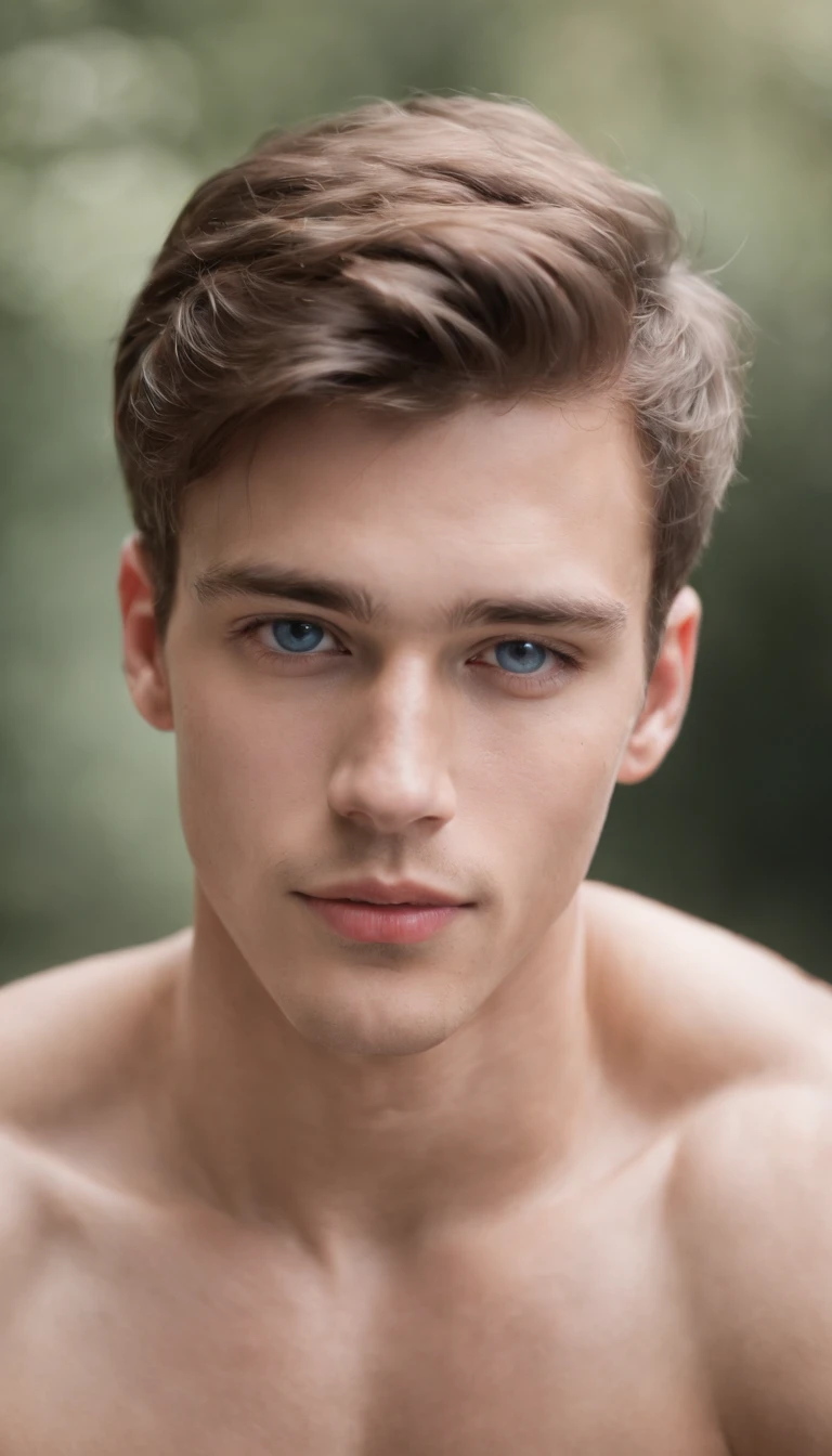portrait of a handsome male model, 18 years old, shirtless, barechest, without beard, with wavy hair, blue eyes, thick lips, defined muscles, fit, ripped body, medium shot, ultra highest detailed face, darmatic lighting, dim light