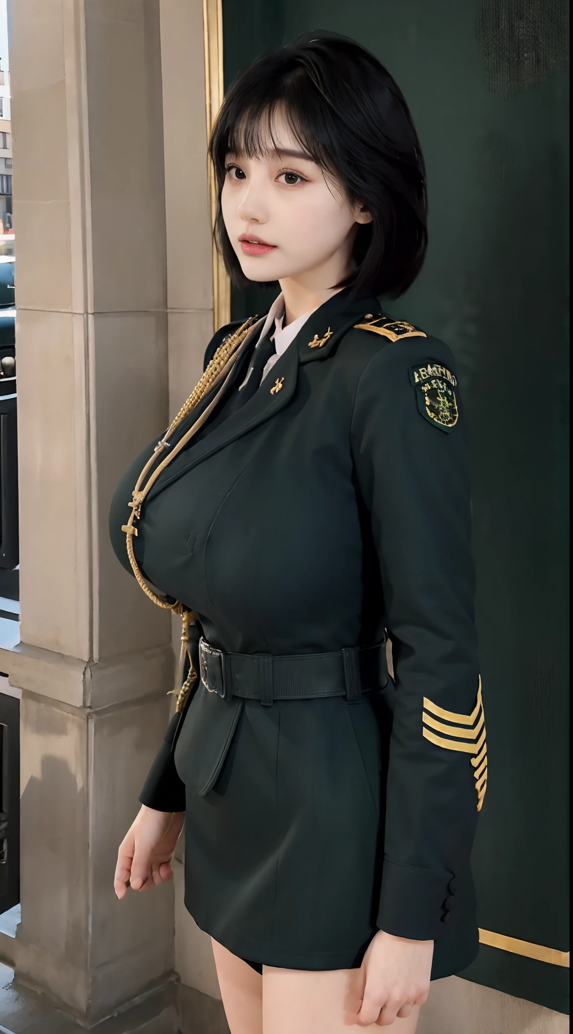 Very detailed CG unity 8K wallpaper, (masterpiece), (best qualtiy), (ultra - detailed), (Ultra photo realsisim), (best character detail:1.36), Nikon D750 f / 1.4 55mm, profesional lighting, physically-based rendering, 1girl, Female soldier, (huge fake breasts:1.3), sexy muscular body, slim waist, (big buttocks:1.2), (Full body:1), front bangs short hair, army suit, Dark green military uniform, Fabric texture military uniform, Pure white lining, Dark green tie, Black hair, the golden ratio,[:(com rosto detalhado:1.2):0.2]:,PureErosFace_V1, broad shoulder, Soaked with sweat, red flags, In the square, Splendid scenery, bright sun.