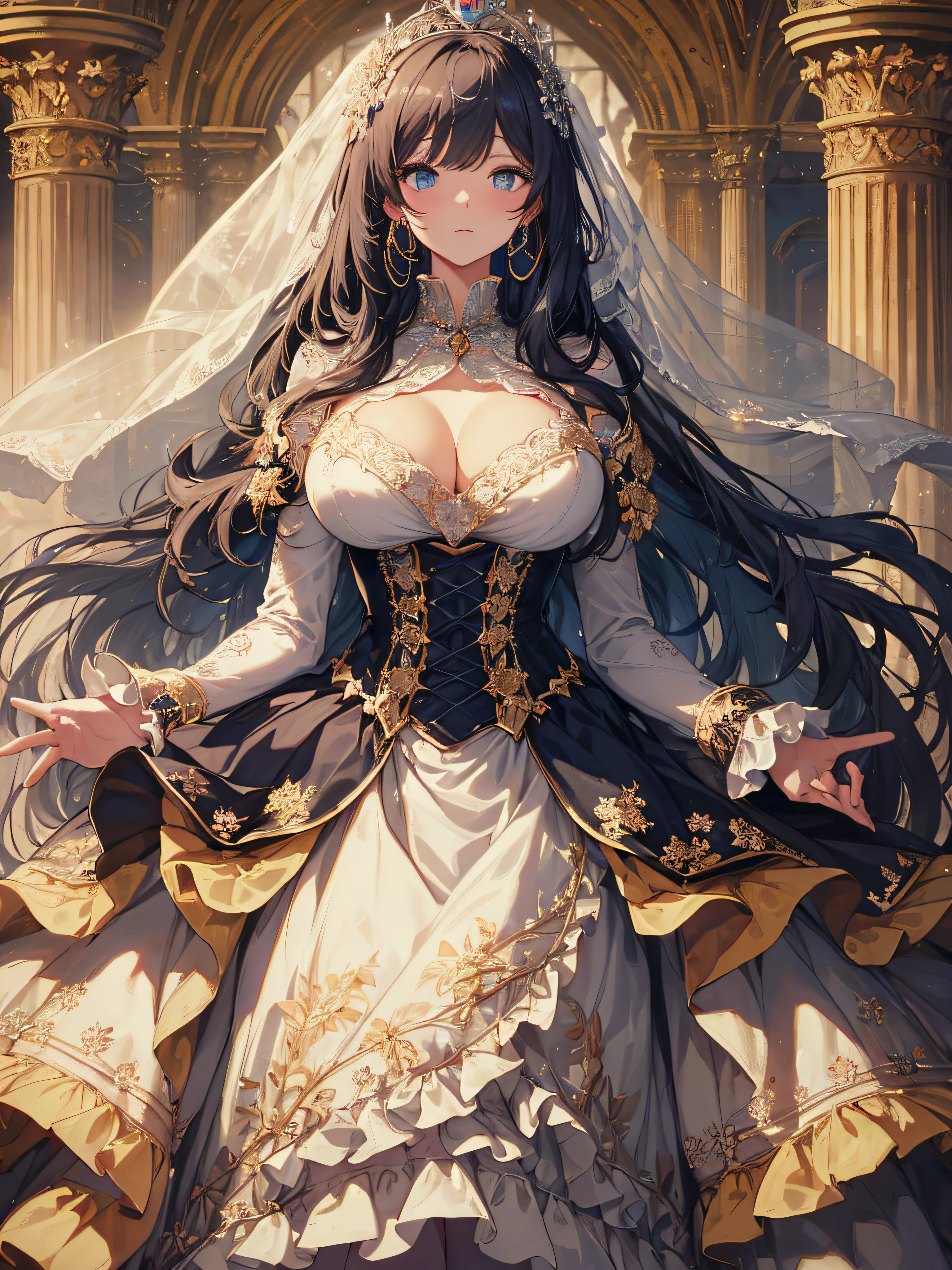 ((anime artstyle)),(Masterpiece),(Best Quality), (Super Detail),((Very Delicate and Beautiful)),cinematic lighting,1 girl,(((full body portrait))),standing in palace,((solo)),digital art,(((1 princess in beautiful embroidery and jeweledgorgeous princess rococo ballgown with voluminous full length hoop skirt))),crinoline,long train,((beautiful embroidery and jeweled)),voluminous frills,See-through,(gorgeous embroidery and beautiful lace),(((gigantic tits,skindentation))),((large amount of straight hair,extremely voluminous Hair,Very Long Straight Hair)),((finely detailed face and eyes)),clear pupil,extremely gorgeousfull hair ornament,(bling-bling jeweled extremely gorgeousfull tiara),(bling-bling gorgeous gemstone jewelry),long veil,(beautiful background),full body,((gorgeous princess rococo ballgown with voluminous full length hoop skirt))