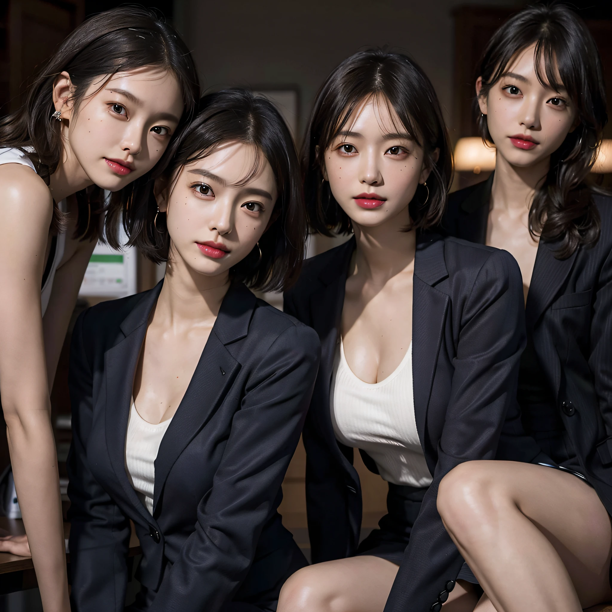 absurdres, RAW photo, extremely delicate and beautiful, masterpiece, Best Quality, ultra high resolution, 16k, hyperrealistic, ultra-detailed, Very detailed CG 8k wallpaper, Beautiful Lighting, Perfect Lightning, Realistic Shadows, perfect anatomy, super Detailed skin, perfect figure, Japanese woman, late 20s, very Slim body, narrow waist, very small head, handsome detailed woman, very detailed eyes and face, realistic face proportions, Stunning detailed eyes, Realistic beautiful face, very small face, Realistic small beautiful eyes, double eyelids, makeup, tearful mole, mole on chest, earring, bare legs, beautiful and very thin legs, beautiful and very thin thighs, (very huge round breasts:1.3), short hair, wavy hair, sweat, tight-fitting, cleavage, Fine Collarbone, (3 girls:1.5), (office lady suit:1.3), (skirt suit), (suit jacket),