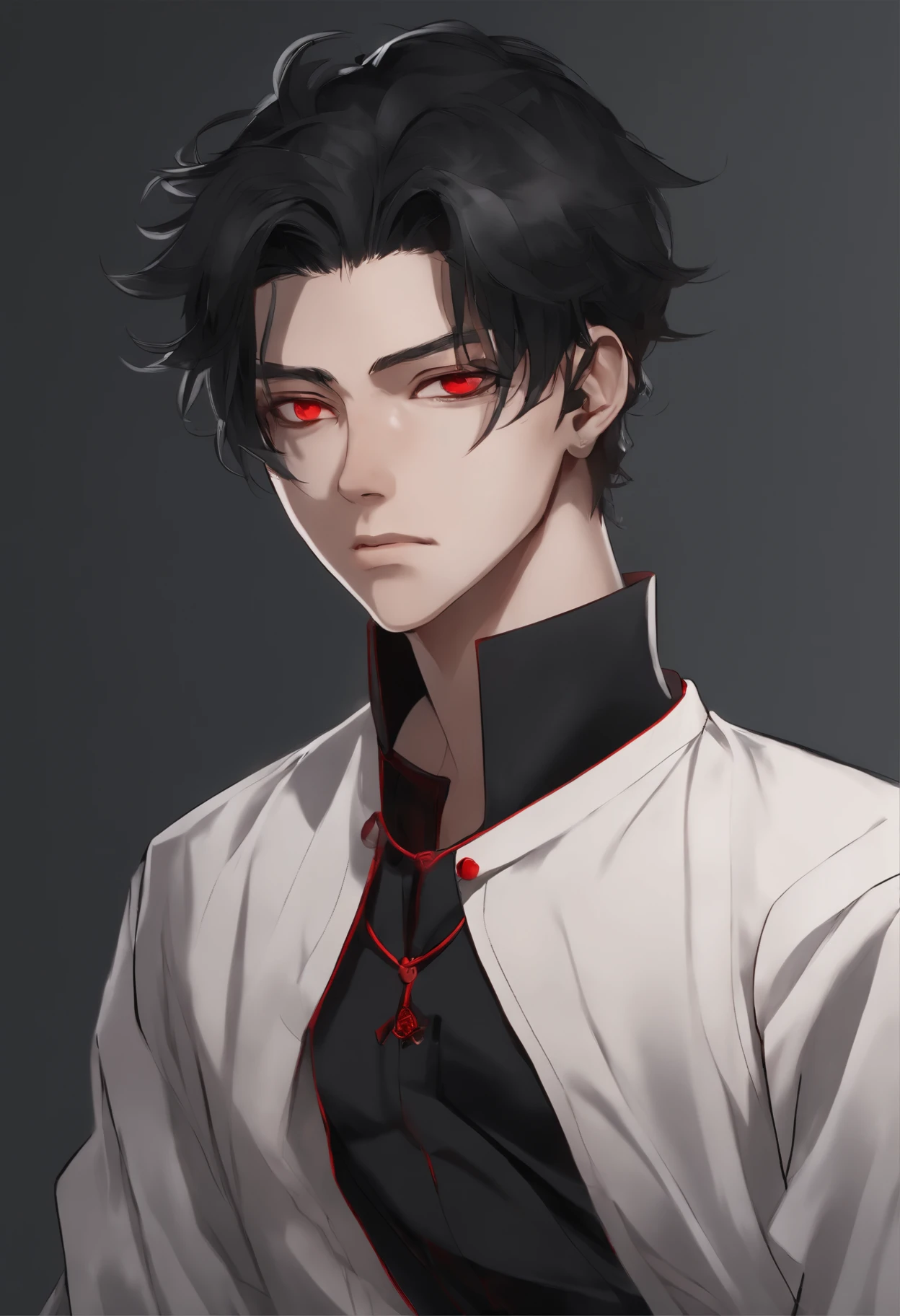 Messy short black hair Red eyes pale skin athletic body Many scars man 17 years old black clothing with buttons long sleeve style jujutsu kaisen