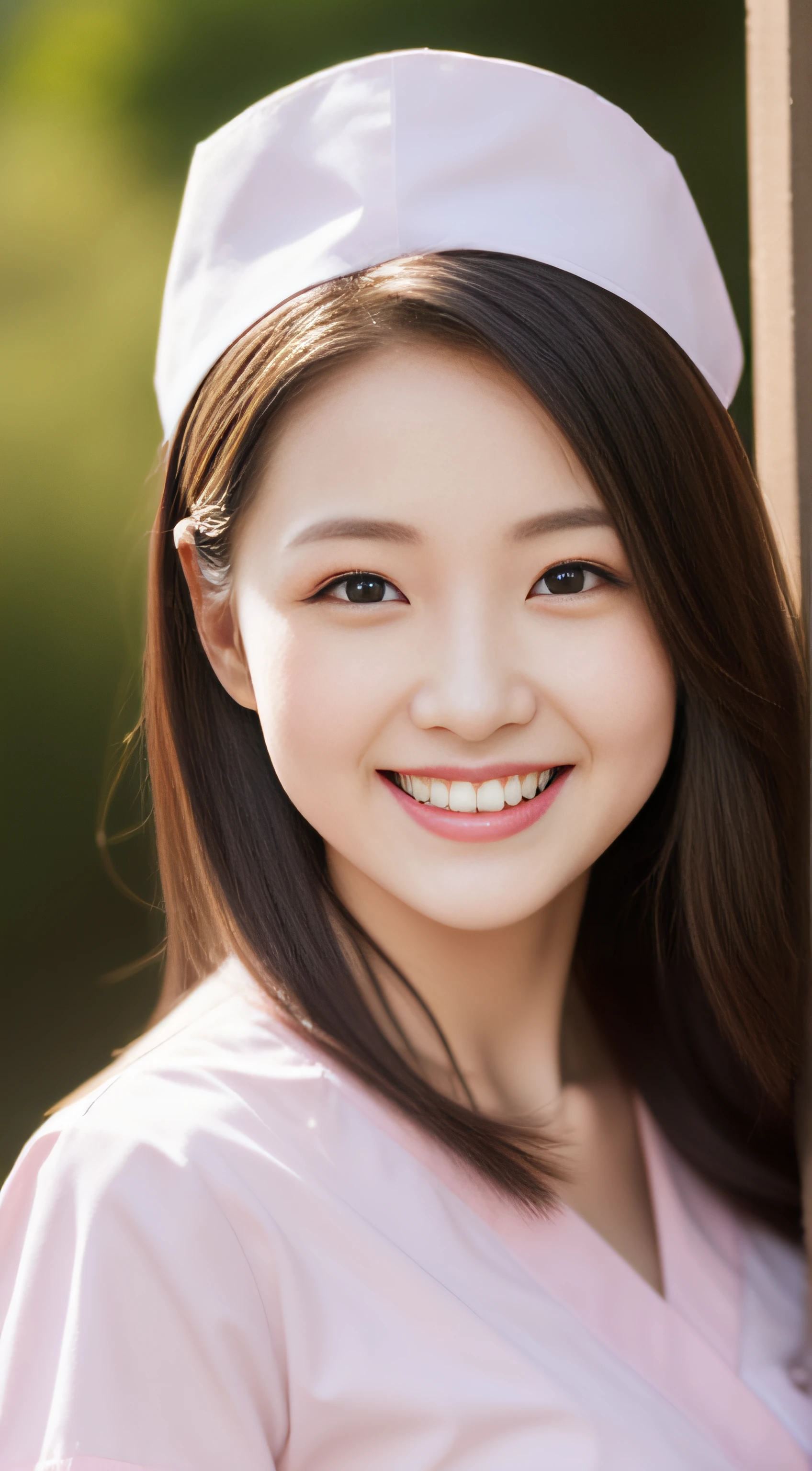 The face is a hostess、(Pink nurse clothes、Nurse Cap:1.5)、hiquality、A hyper-realistic、healthy、Smiling expression、Slender perfect figure、Japan beauties、beautidful eyes、face perfect、Beautiful skin、The background is blue sky