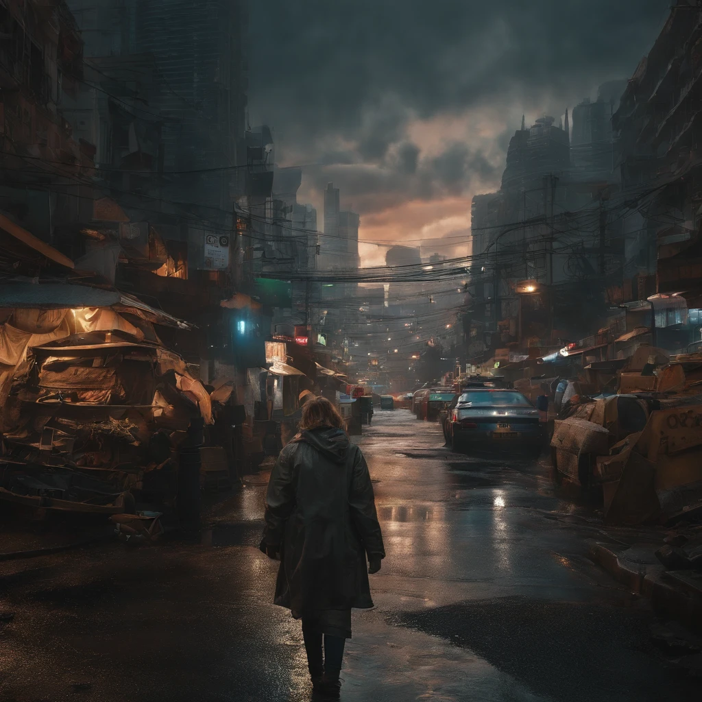 ((masterpiece)), ((8k)),( Ultra-high resolution), ((highly detailed)), a dystopian future Tokyo depicted in the style of cubism, with rain-soaked streets reflecting neon lights, (a skyline dominated by biomechanical designs), (amidst the rubble, a lone silhouette of a girl standing atop heaps of debris), (set against an unreal palette of colors in the background)