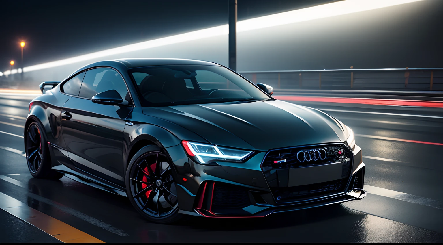 (dramatic product photography,night street scene),(best quality,4k,highres),street lights illuminating the scene,shiny and sleek Audi TTRS capturing attention,beautiful reflections on the car's body,cityscape in the backdrop,moody atmosphere with dark shadows,subtle raindrops on the car's surface,professional,crisp details,meticulously captured,neon lights adding pops of vibrant color,glowing headlights creating an intense visual impact,urban setting showcasing the car's power and elegance,luxurious car parked elegantly on the street,modern and futuristic vibe,stylish and dynamic composition,impressive dynamic range showcasing intricate details,highly detailed bodywork and contours of the car,sharp focus on the car's emblem and signature features,using HDR to enhance the dramatic effect,professional studio lighting highlighting the car's curves and lines.