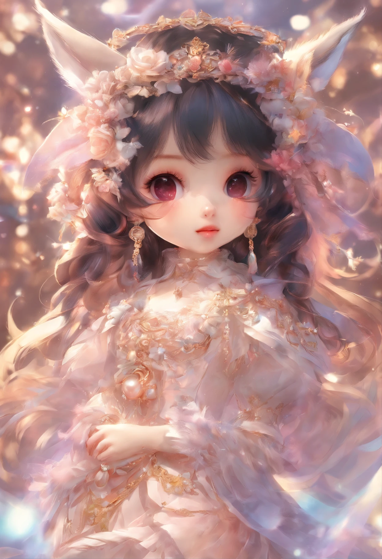 Q version of Chibi Lori Rabbit，pretty and cute，themoon，laurel，The light is painted in detail，Beige tones，OC rendering，high quarity，tmasterpiece，Hyper-realistic，Ultra photo realsisim，8K，super-fine，ultra - detailed，Ultra-wide angle of view，dynamic viewing angle