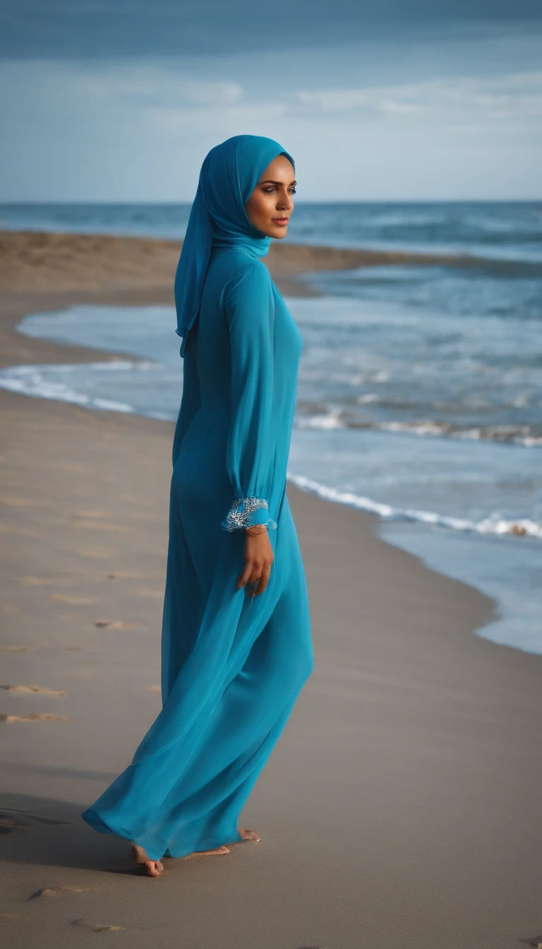 a woman is playing around the beach, wearing blue hijab, long-sleeves shirt, long pants, full body
