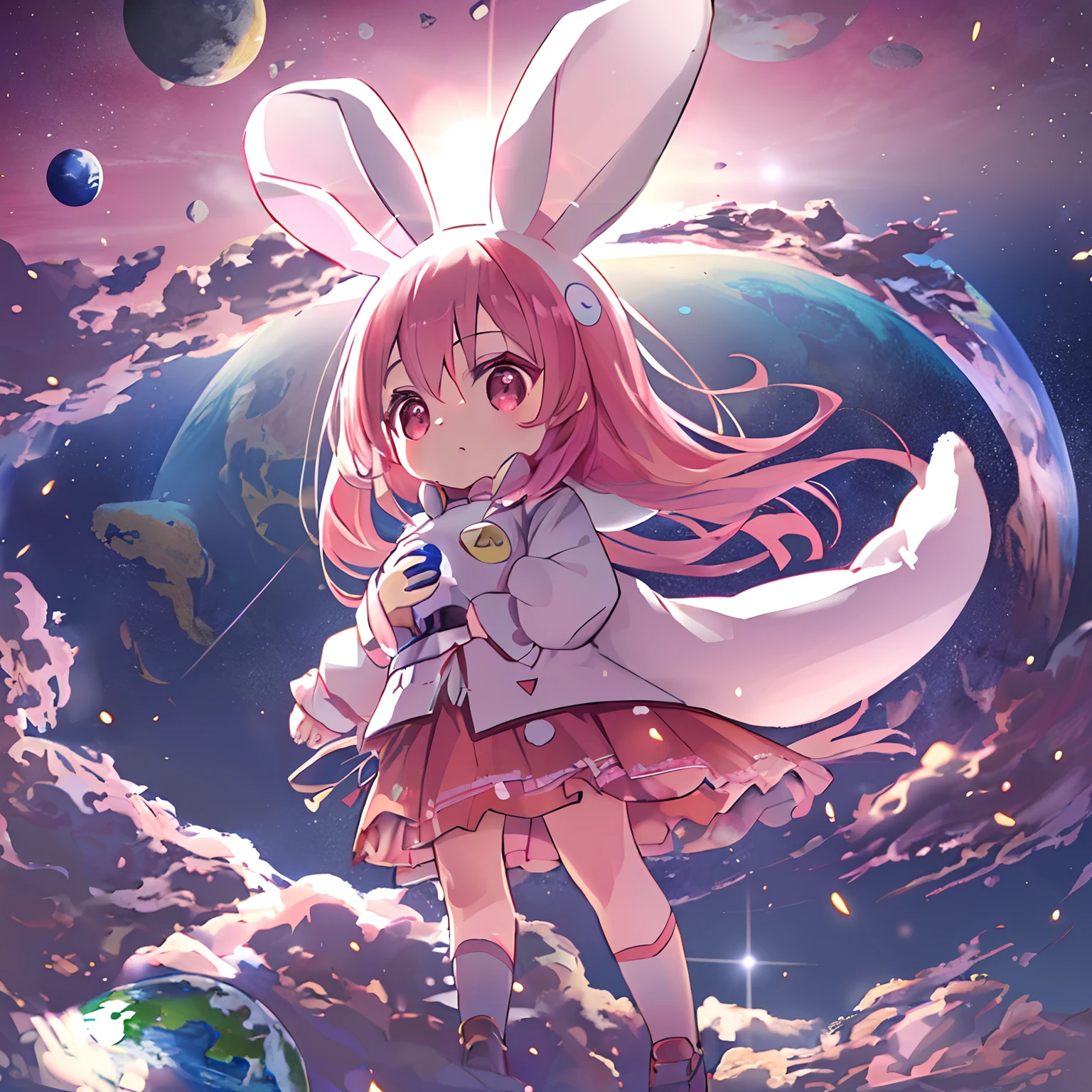 absurderes, hight resolution, (Anime style:1.1), ((masutepiece)), ((Best Quality)), (Ultra-detailed), (Beautiful), 独奏, Beautiful face、(liftup),12year old、Detailed outer space、Realistic beautiful stars々、(Cute girl in rabbit costume standing on the moon looking at the earth:1.4)、Pink colorful hair, Red Eyes,Looking at Viewer,Lens Flare,Dramatic, Skirt lifted by the wind、from the rear、full body Esbian、(Low position,From below:1.5)、Detailed universe、Chibi Lori Rabbit