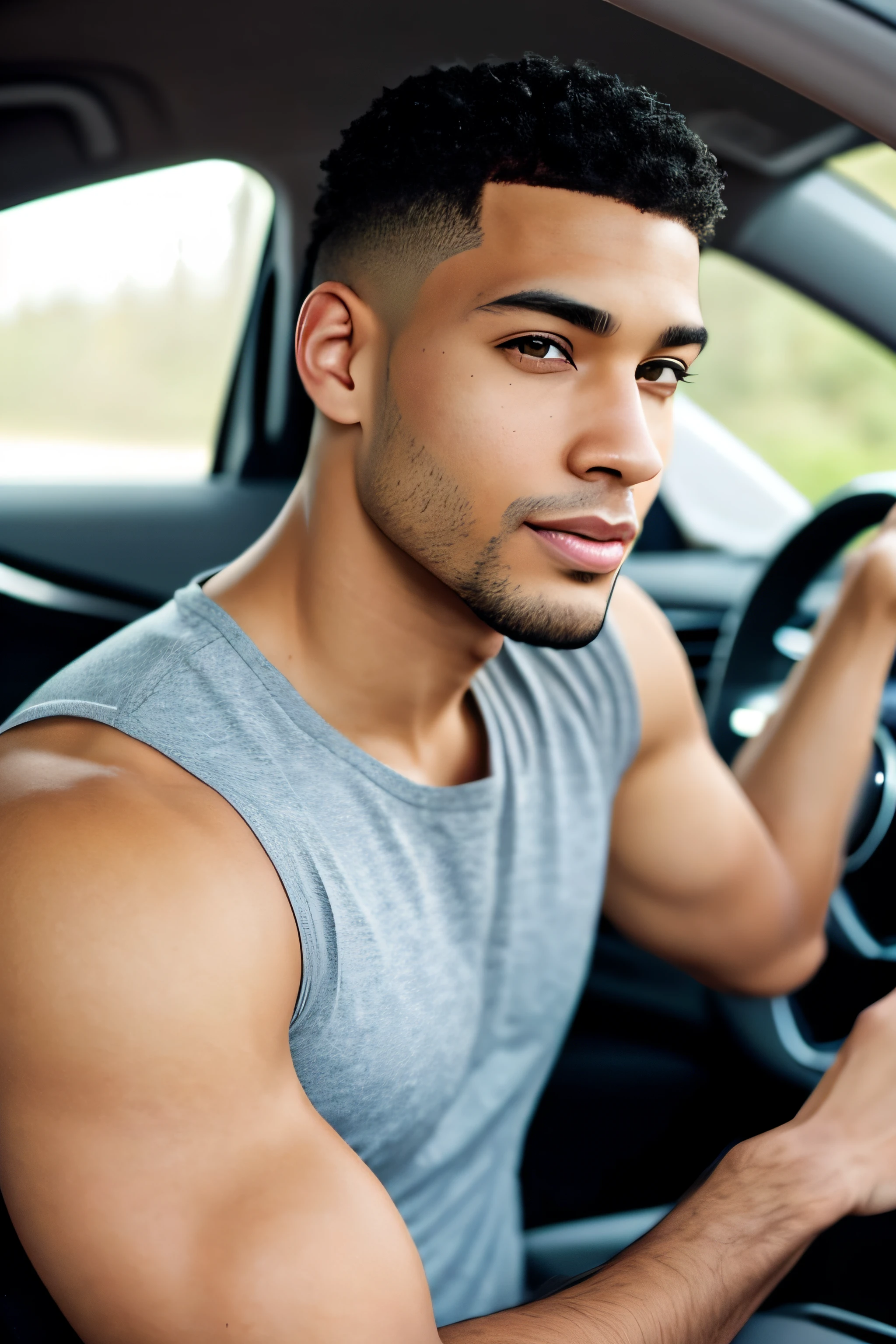 high quality handsome light skin mixed race man with short hair, driving an Audi car