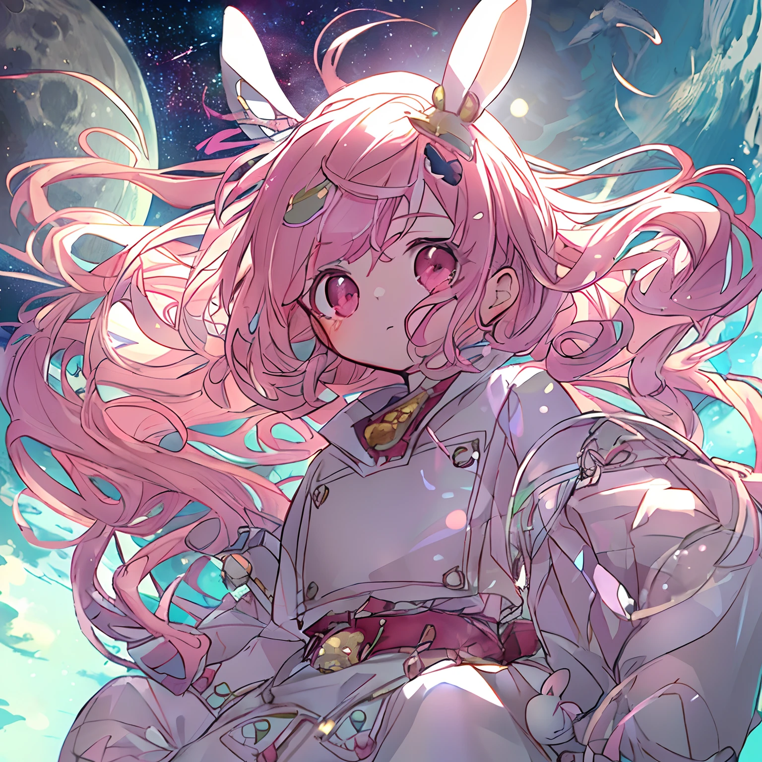 absurderes, hight resolution, (Anime style:1.1), ((masutepiece)), ((Best Quality)), (Ultra-detailed), (Beautiful), 独奏, Beautiful face、(liftup),ar old、ailed outer space、Realistic beautiful stars々、(Cute girl in rabbit costume standing on the moon looking at the earth:1.4)、Pink colorful hair, Red Eyes,Looking at Viewer,Lens Flare,Dramatic, Skirt lifted by the wind、from the rear、full body Esbian、(Low position,From below:1.5)、Detailed universe、Chibi Lori Rabbit