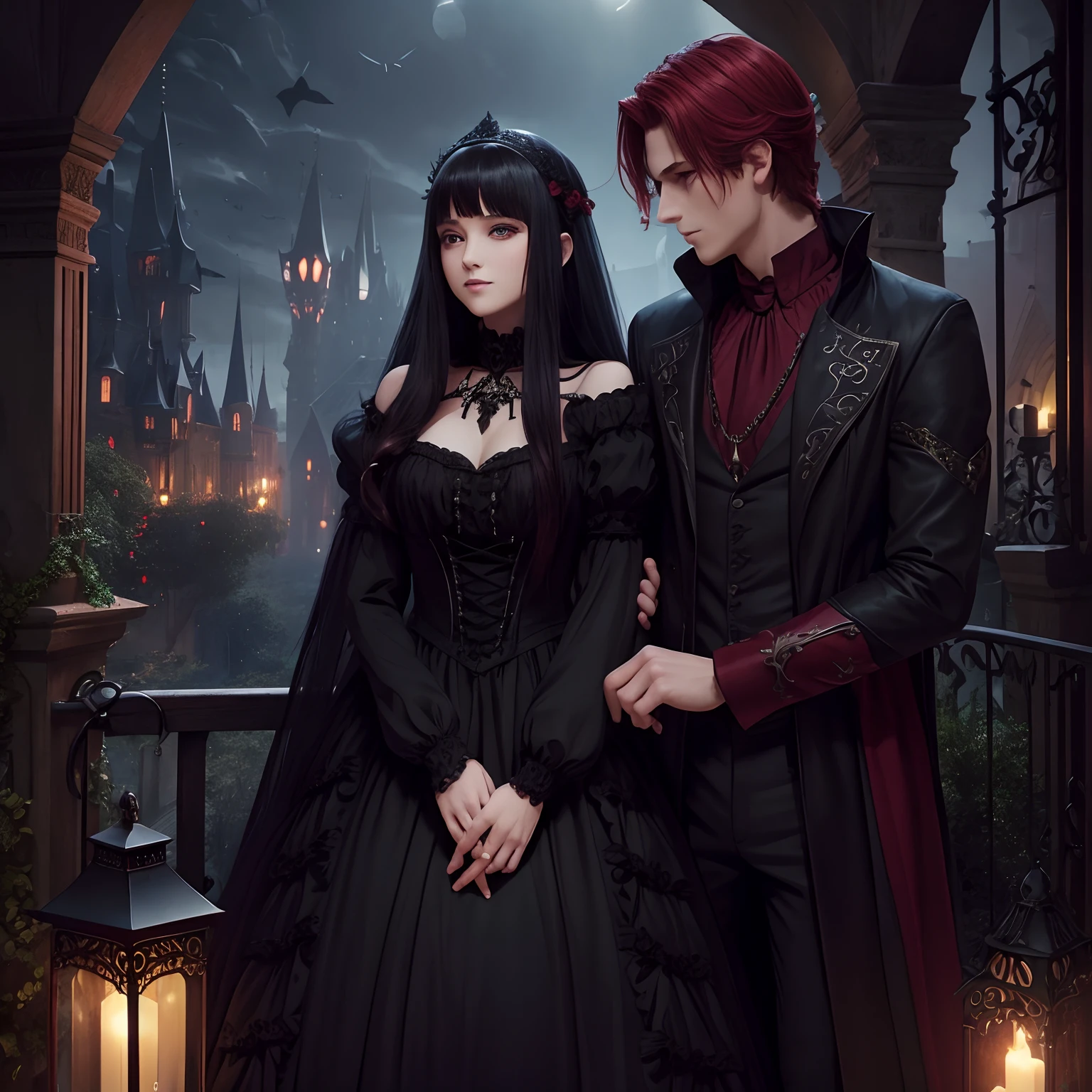 (absurdress, hight resolution, overdetalization), 2Others, couple, 1 male thief and 1 female princess, Mature, height difference, Different hair color, a happy, Love, Cuddling, upper-body, hairlong, black hair and red hair, Fantasy, night garden, Nocturnal moths, Gothic atmosphere