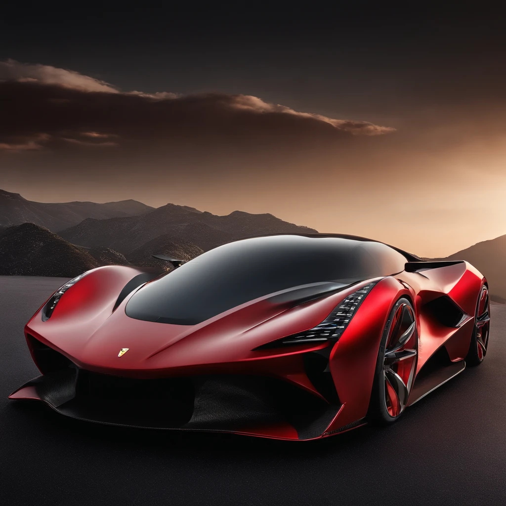 Master Parts、qualidade superior、Qualidade de imagem superior、A qualidade 8k、、Beautiful photos of the starry sky、magnifica、Arched Milky Way:1.9、estrelas cadentes:1.9、Vista noturna da cidade futurista dourada:1.9 um close up de um carro esportivo vermelho em um fundo vermelho, render de Super carro futurista, aerodynamic imposing, Supercarro, com linhas elegantes e um poderoso, perspectiva lateral, aerodynamic body, Estilo Ferrari Ousado, design de carro conceito, concept automobile design, pintado digitalmente, Tem uma tinta vermelha e preta, carro conceito, vista completa de um carro esporte, aerodynamic design