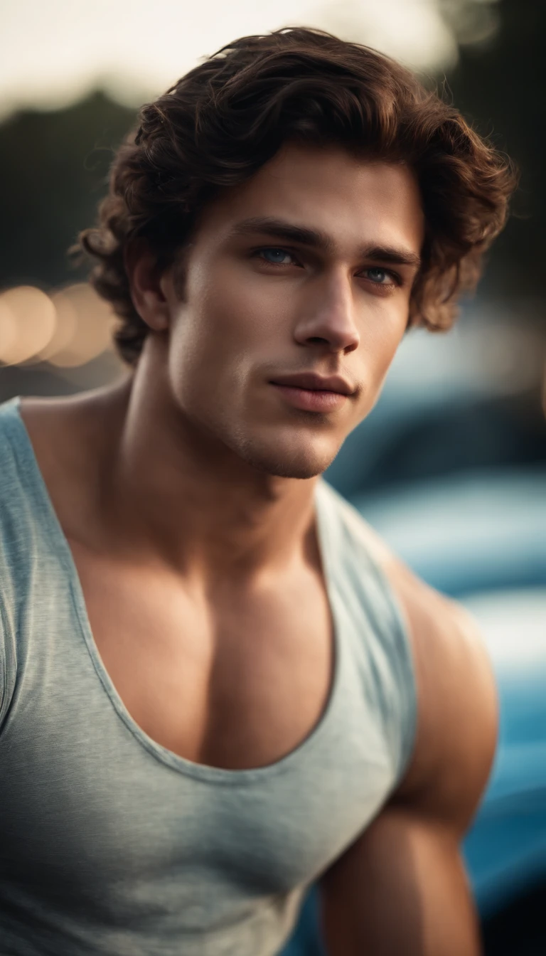 portrait of a handsome male model, 18 years old, shirtless, barechest, without beard, with dark messy wavy hair, super light blue eyes, thick lips, defined muscles, fit, ripped body, medium shot, ultra highest detailed face, darmatic lighting, dim light