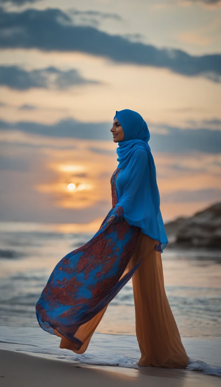 a beutiful woman is playing around the beach, wearing blue hijab, long-sleeves shirt, long pants, full body