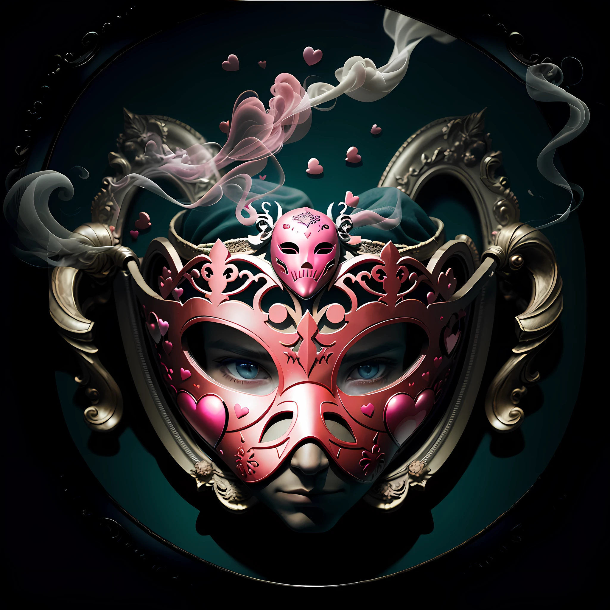 ((Masked Boy)) ((best quality, masterpiece, full HD, 4K, best sharpness, incredible graphic quality, polished image)), ((Mask in the center of the image, a pink mask with white details at the ends, mask with heart details)), ((dark setting, pink smoke in the background, people of different ethnicities looking, mask close to the viewer)), ((model image of book cover, artistic book cover, frame with floating hearts))