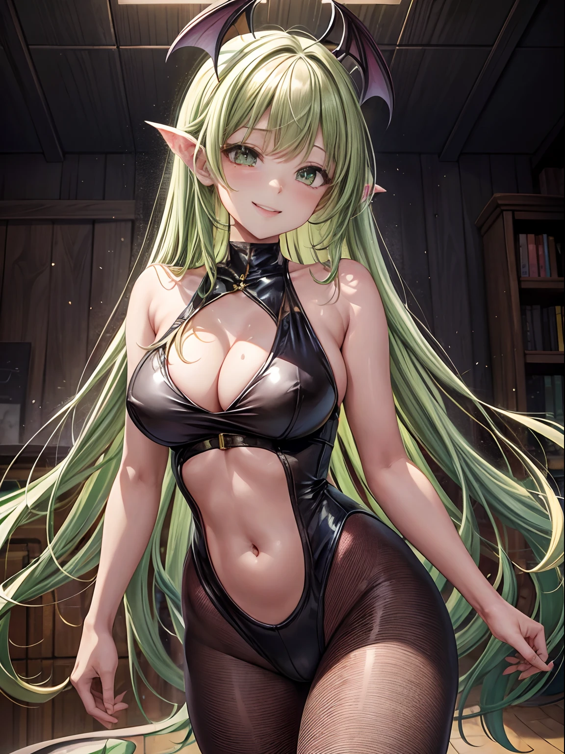 top-quality、Full limbs、complete fingers、One beautiful woman、Beautiful Large Breasts、straight haired、Yellow-green hair、Succubus、Black Leotard、Leotard with exposed belly、Pink leggings、A big smile、In a dream、Nasty dreams、Naughty atmosphere、heart mark、feathered、Blushing、Smile eerily、mid night、feathered、is standing