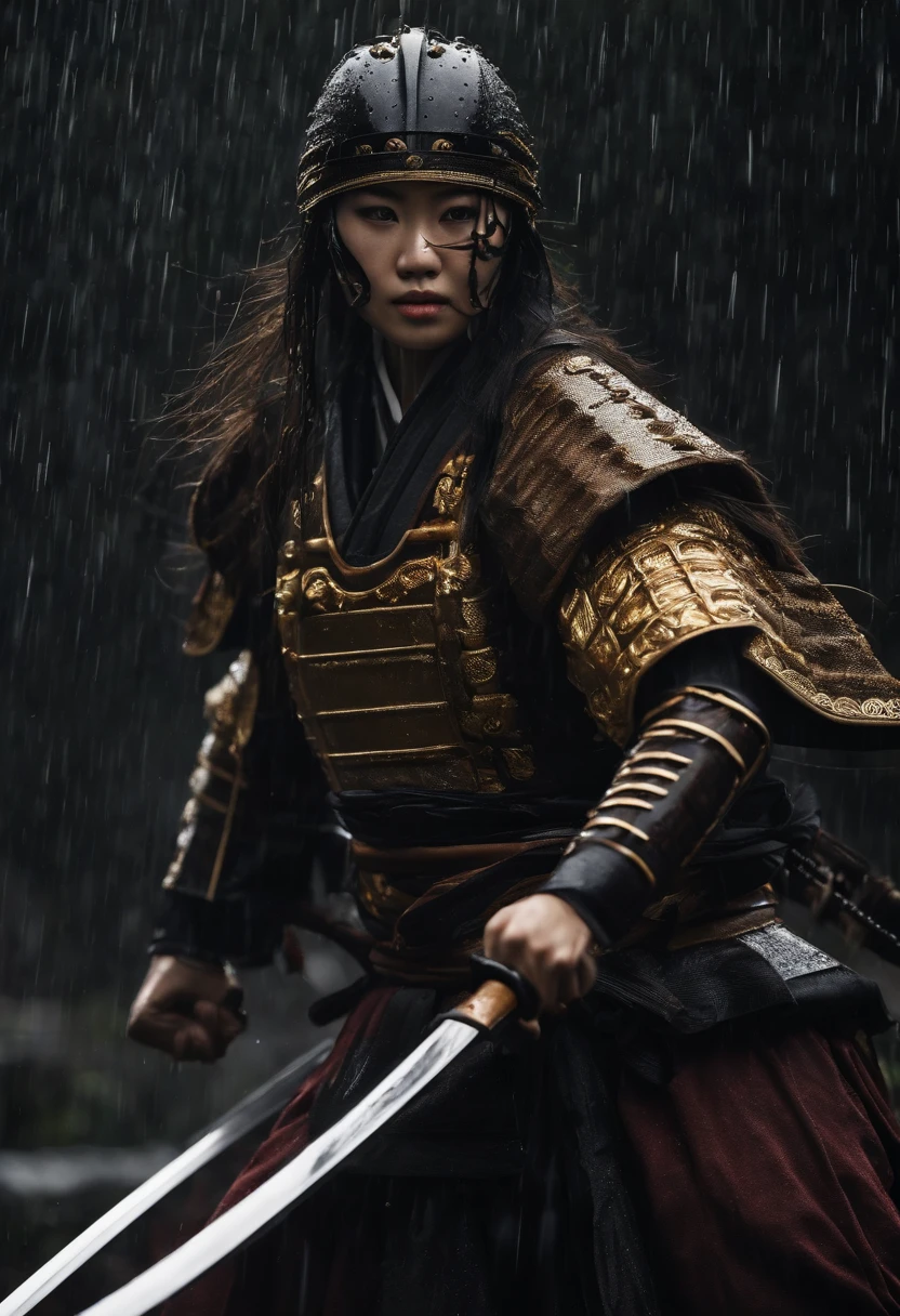An ultra-realistic ultra-detailed photograph of a masked Japanese samurai girl, Posture, beau visage, Golden oiled white complexion, wet in the rain, Ready to fight with Katana, corps entier, Scary background and dark tone, beautifull detailed face, Environnement apocalyptique, exquisitely detailed, 30 megapixels, 4K, canon eos 5d mark iv dslr, Objectif 85mm, mise au point nette,  intricate high detail, Long exposure time, f/8, Norme ISO 100, shutter speed
