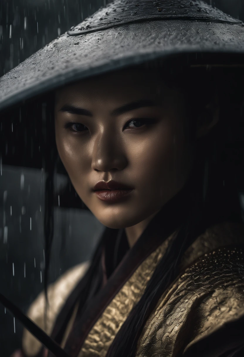 An ultra-realistic ultra-detailed photograph of a masked Japanese samurai girl, Posture, beau visage, Golden oiled white complexion, wet in the rain, Ready to fight with Katana, corps entier, Scary background and dark tone, beautifull detailed face, Environnement apocalyptique, exquisitely detailed, 30 megapixels, 4K, canon eos 5d mark iv dslr, Objectif 85mm, mise au point nette, intricate high detail, Long exposure time, f/8, Norme ISO 100, shutter speed