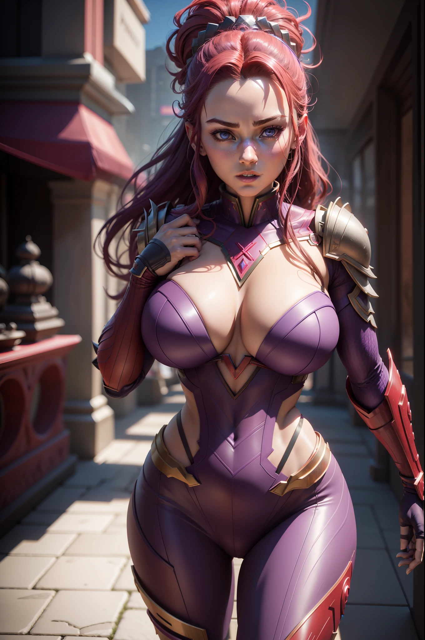 Close-up of a statue of a woman wearing a headband dressed in purple and red，Super detailed rendering，3 D rendering character art 8 K，Intricate purple and blue armor，Complete samurai armor of the Scarlet Witch，Surrounded by red lightning，high detail iconic character，8K rendering"，octane render”，Octane rendering"，Super detail octane rendering"，Super detailed octane rendering，Ultra-detailed 3D rendering， Futuristic style Scarlet Witch, huge breast, show part of breast