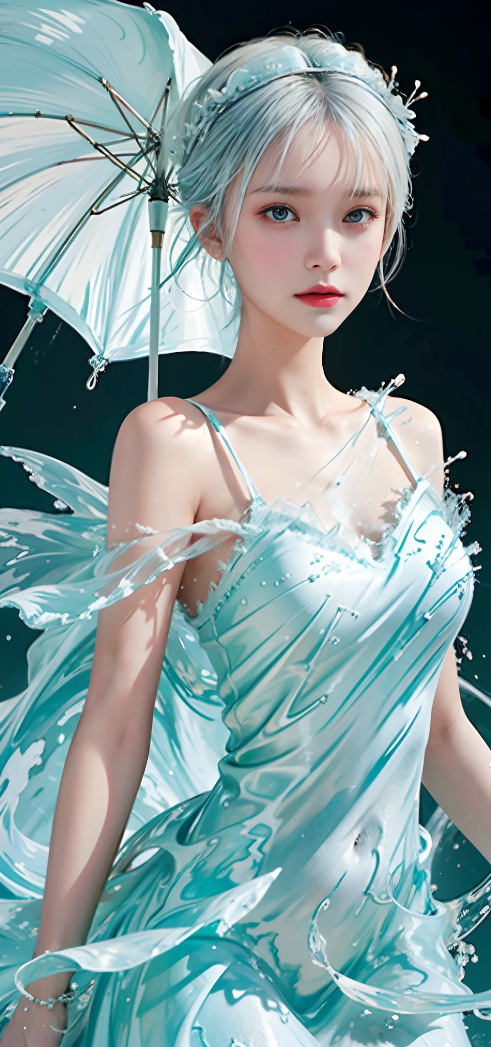 (Masterpiece, Best quality:1.2), 8K, 85mm, RAW photo, absurderes, White and cyan theme, (liquid clothes, Liquid dress:1.4), White hair, gradient dress, Delicate girl, Upper body, close-up face, Shiny skin, Married Woman, view the viewer, hdr, Sharp focus, Particle, twilight sky, Detailed eyes and face, White hair, Simple background,nakeness,plumw,extremely large ,Bare lower body,Bare breas