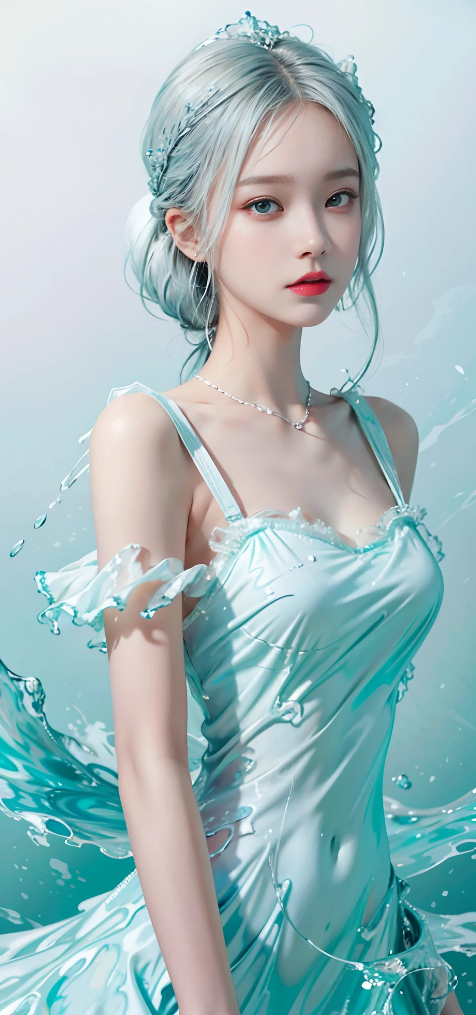(Masterpiece, Best quality:1.2), 8K, 85mm, RAW photo, absurderes, White and cyan theme, (liquid clothes, Liquid dress:1.4), White hair, gradient dress, Delicate girl, Upper body, close-up face, Shiny skin, Married Woman, view the viewer, hdr, Sharp focus, Particle, twilight sky, Detailed eyes and face, White hair, Simple background,nakeness,plumw,extremely large bosom,Bare lower body,Bare breasts