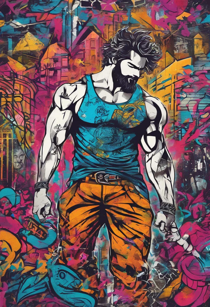 cena de corpo inteiro, homem barbudo e peludo e musculoso, cheio de tatuagens e piercings pelo corpo, usando apenas uma camiseta regata rasgada