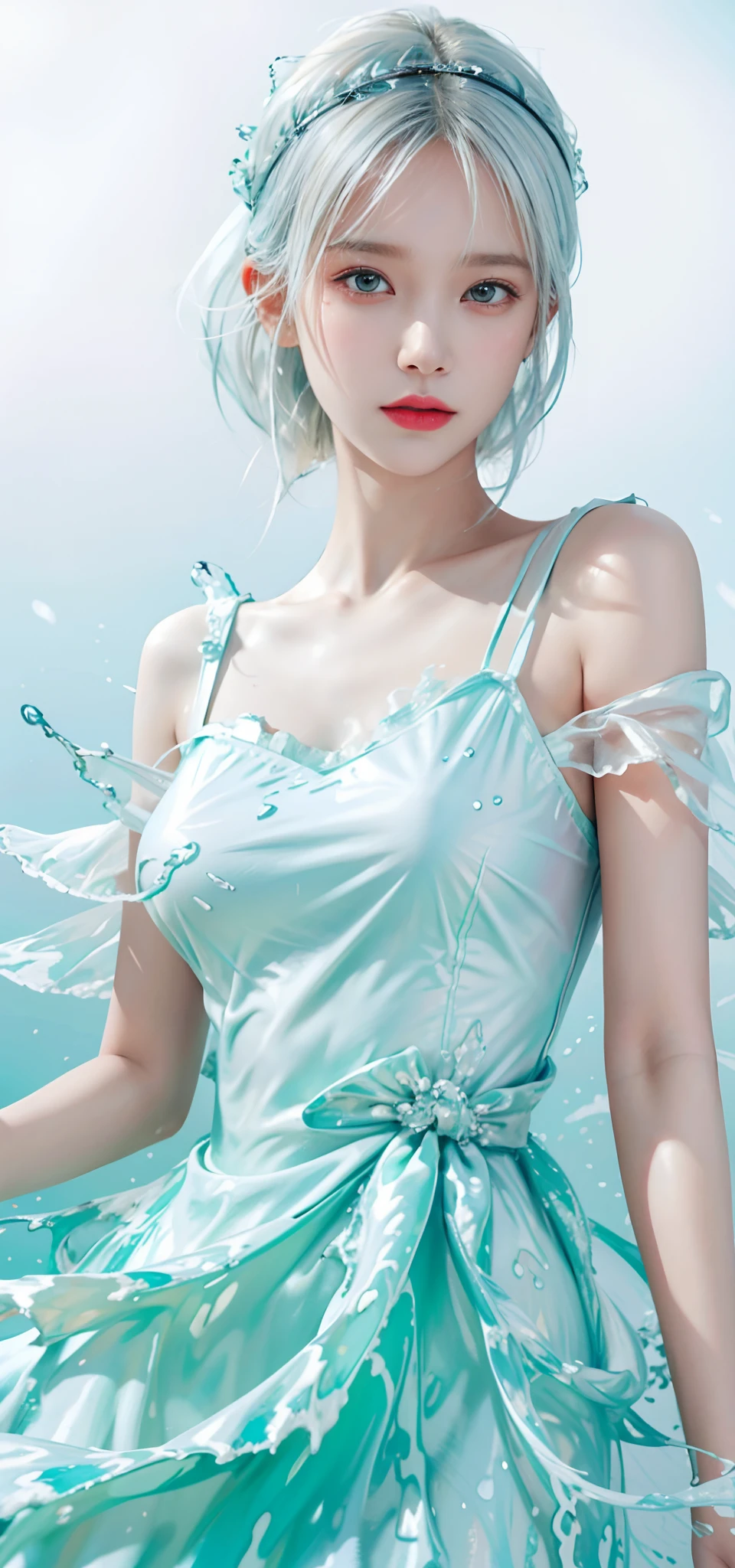 (Masterpiece, Best quality:1.2), 8K, 85mm, RAW photo, absurderes, White and cyan theme, (liquid clothes, Liquid dress:1.4), White hair, gradient dress, Delicate girl, Upper body, close-up face, Shiny skin, Married Woman, view the viewer, hdr, Sharp focus, Particle, twilight sky, Detailed eyes and face, White hair, Simple background,nakeness,plumw,extremely large bosom,Bare lower body,Bare breasts