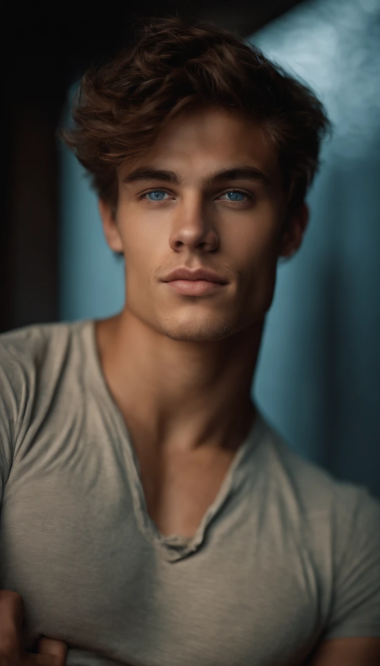 portrait of a handsome male model, 16 years old, shirtless, barechest, without beard, with dark messy wavy hair, super light blue eyes, thick lips, defined muscles, fit, ripped body, medium shot, ultra highest detailed face, darmatic lighting, dim light