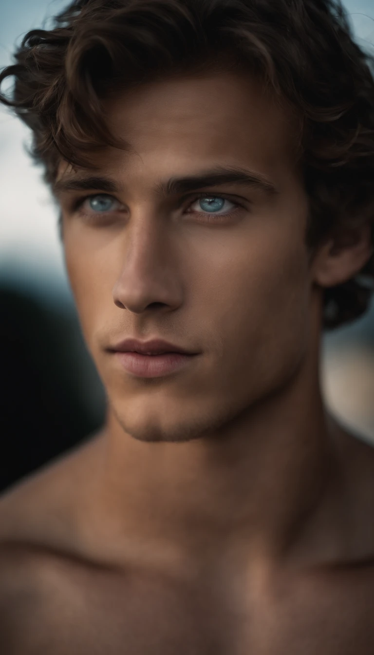 portrait of a handsome male model, 16 years old, shirtless, barechest, without beard, with dark messy wavy hair, super light blue eyes, thick lips, defined muscles, fit, ripped body, medium shot, ultra highest detailed face, darmatic lighting, dim light